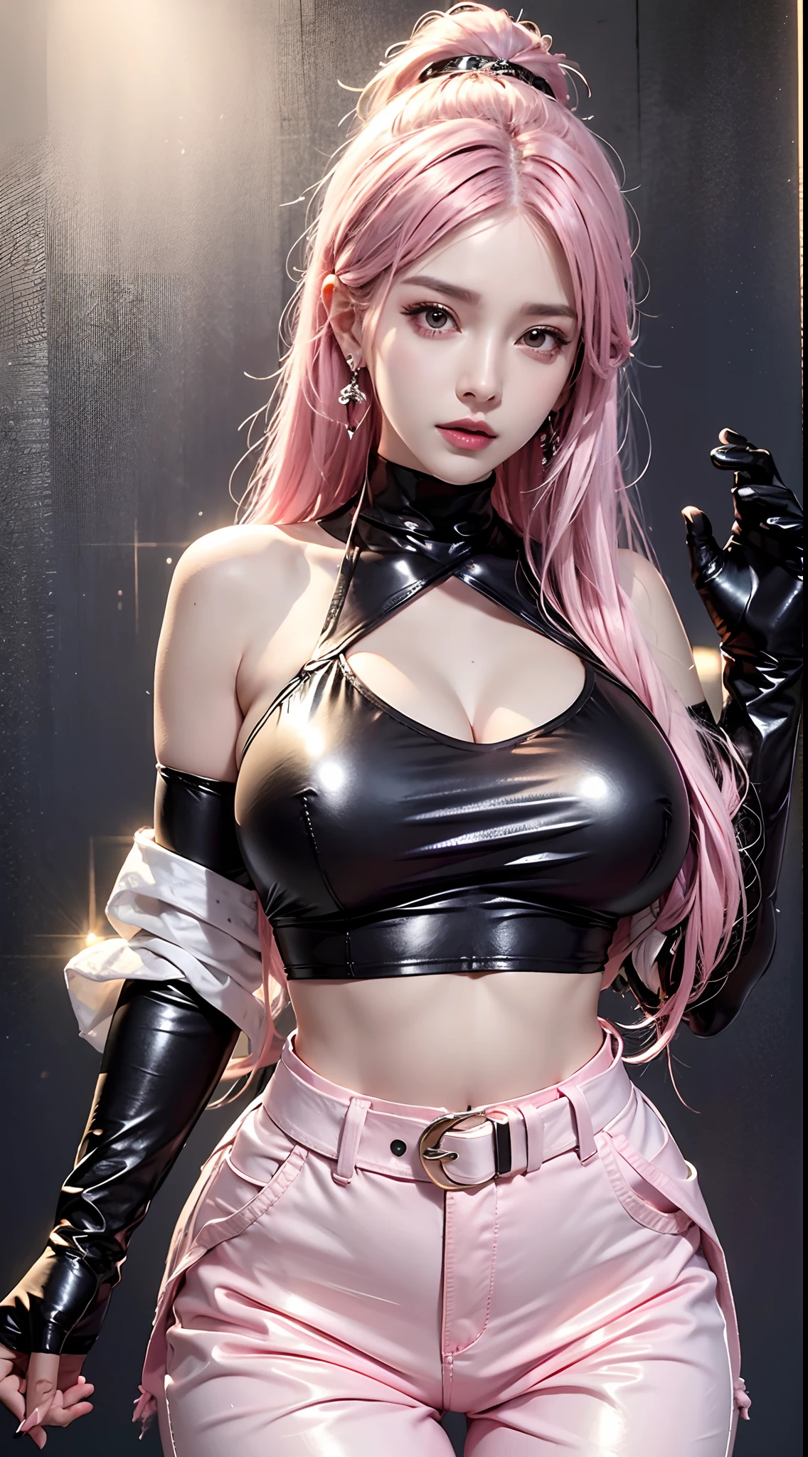 photorealistic, high resolution, 1women, mature female, solo, hips up,k/da_kai'sa,jewelry, earrings, makeup, bare shoulders, crop top, black crop top, collarbone, collar, shiny clothes, detached sleeves, crystals, gloves, elbow gloves, single fingerless glove, midriff, belt, pants, tight pants, high-waist pants, studio background, (Kpop idol), (aegyo sal:1), (pink hair:1), ((puffy eyes))