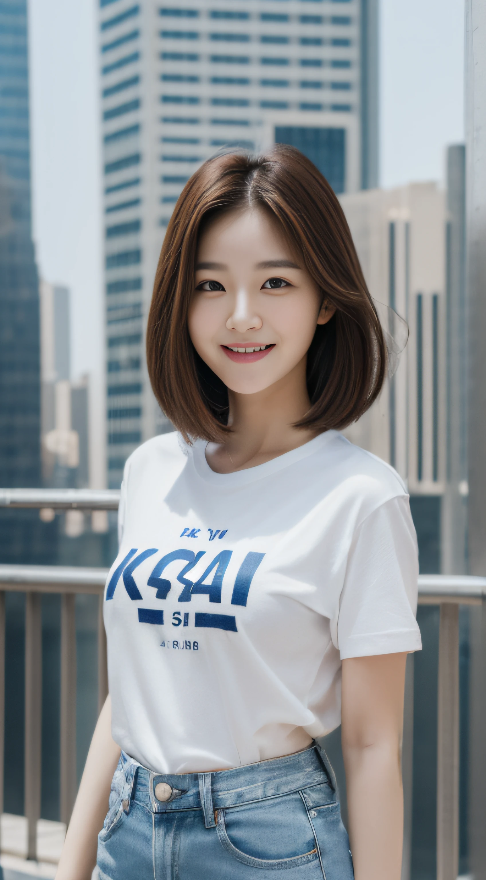 ((Natural lighting, 8k, masutepiece:1.3, High quality)), ((1 korean woman)), Full body,((large Tshirt & baggy denim pants)), standing:1.3, ((realistic newyork background:1.3)), Masterpiece, Best quality. ((mature women)),((pump Chest)),Slim abs:1.3, perfect realistic face, perfect natural body,((Realistic gorgeous Brunette hairstyle)),((Korean face:1.3)), a pretty Korean woman, Korean skin tone. Ultra-detailed realistic Korean face. Detailed eyes, Double Eyelids detailed nose, Embarrassed, cute smile, summer, daylight, dated
