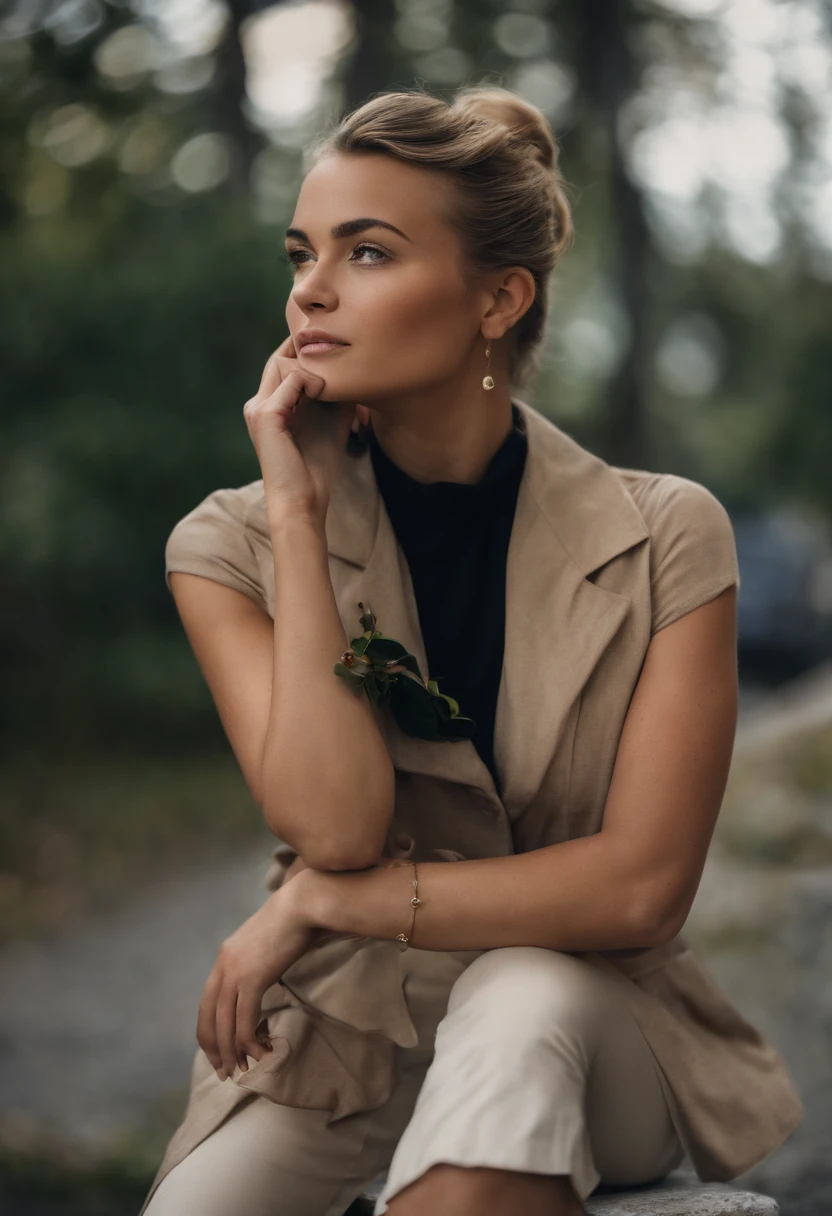 adult 25 years old female detailed short blond hair, sharp jawline tanned skin, dark eyes, solo poitrate, beautiful face, preety face, perfect face, closeup, looking towards the camera, photo real, HDR, well lit, 8k, 4k