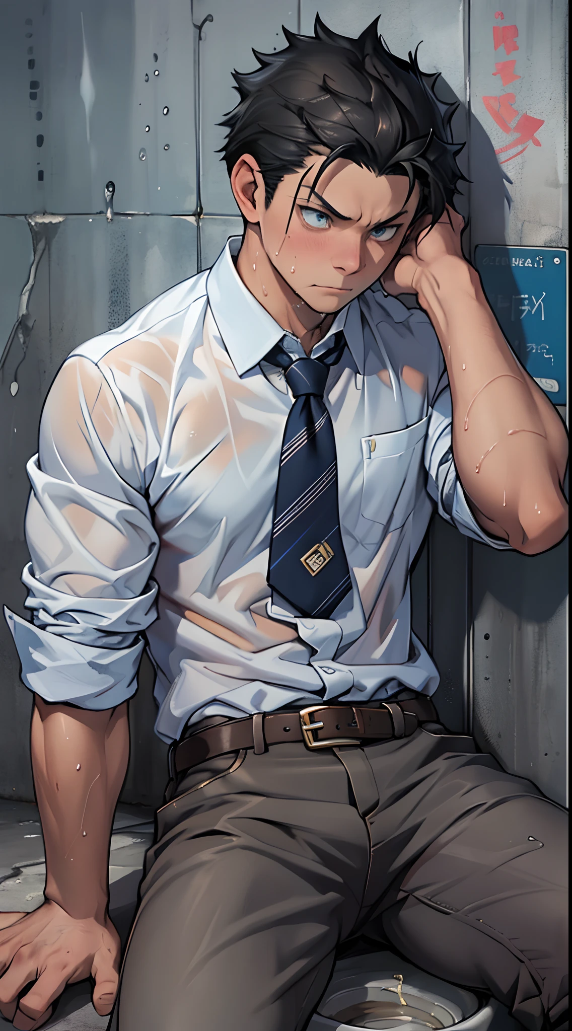 (1 Adult male),A high resolution, Sharp focus, Pixiv masterpiece, ((Complicated details)), highly detailed, natsuki_subaru, 1 man,perfect male figure,Urine on the trouser leg, Nervously bow your head,is shy,embarressed,exhilarated,is shocked,panicking,worry,A pool of urine formed around him,Very eager to pee,Unbearable,Wet yourself,Urine discharge,full bodyesbian,sit astride,Tired,decadent, blue color eyes(eyes glowing), Black hair short hair,white shirt,Wear a tie,Wear a belt,trousers,perspire,Drenched,Get wet,pissing,urine flows down the pants,look from down