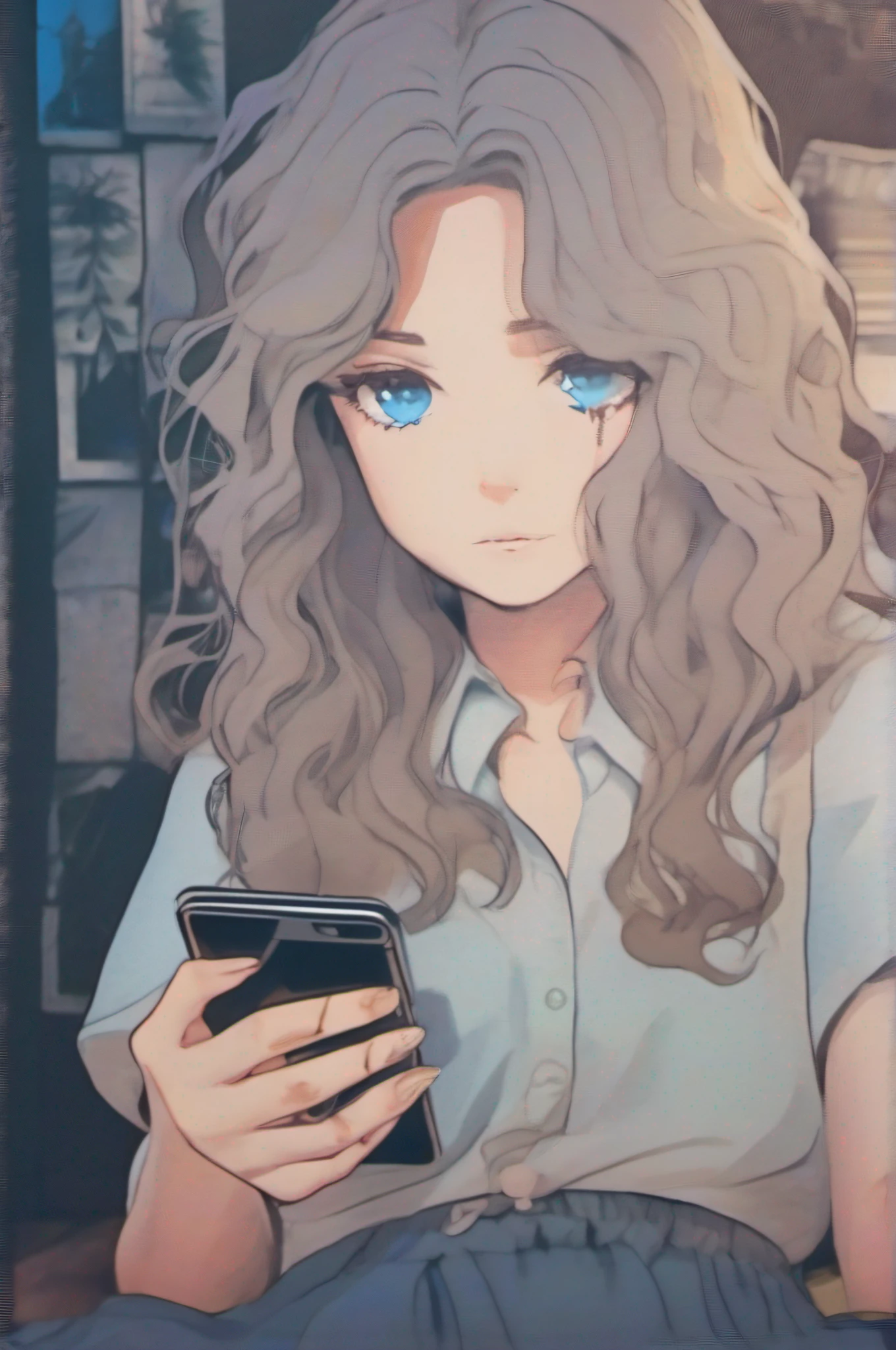 Old photo, polaroid, beautiful 20-year-old Girl looking down at her phone, blue eyes, wavy dark hair, dark messy background, grainy instagram filter