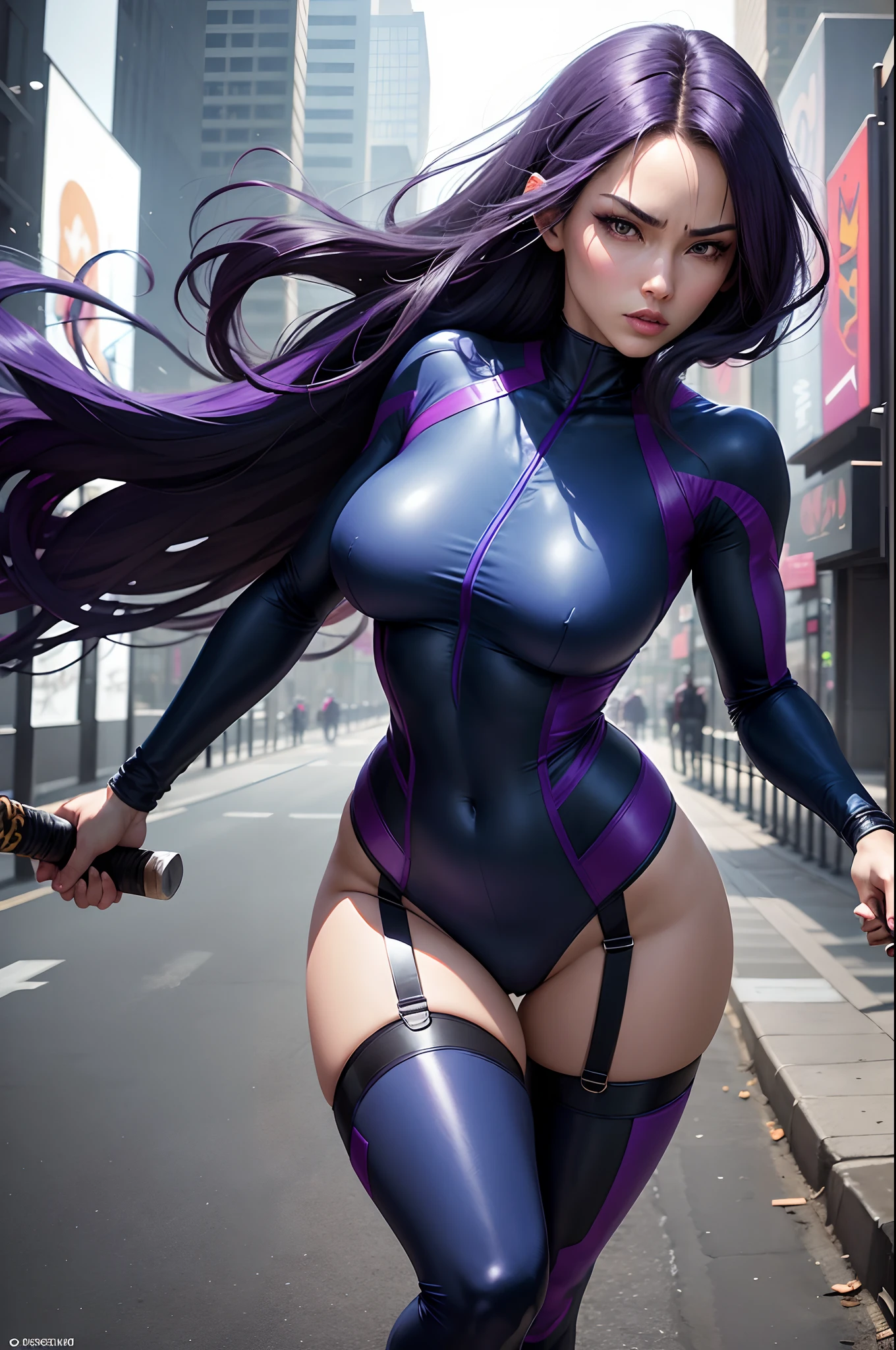 (New York: 1.5), (time square 1.4), Psylocke, also known as Elizabeth, is known for her distinctive appearance and her psychic and telepathic abilities, which are often associated with a psychic blade or psychic katana.
Physical appearance:
Psylocke is a woman of British origin and with an Asian appearance for a while. However, its most recognizable form is as follows::
      Hair: Psylocke usually has long, dark purple hair that falls in soft waves. Her hair is a striking feature and is often worn loose. Eye: Her eyes are typically depicted as blue, but they can also be depicted as purple when she is using her psychic abilities. Body: Psylocke is chiseled and athletic, like many Marvel superheroes. Her physical form reflects her proficiency in martial arts and her combat skills.
typical costume:
Psylocke's costume is an important part of her visual identity. She is often depicted wearing the following attire:
      bodysuit: Psylocke wears a bodysuit that covers her entire body. The costume is usually tight (dark blue or black color :1.5) that covers your body from neck to toe and is made of material that fits the body.
      waistband: She often wears a red waistband that wraps around her waist. This stripe serves as a point of contrast in her look, breaking the monotony of the main color.
      Psychic Blade: Psylocke's most iconic feature is her psychic blade or psychic katana. This is a blade made of psychic energy that she can create with her telepathic abilities. The blade is often described as a traditional Japanese sword, and she wields it skillfully in combat.
      gloves and boots: Psylocke wears gloves and boots in the same color as her bodysuit, completing the look. These items usually have simple details, such as stripes or lines that complement the outfit.
      mask: Although not a constant feature of her costume, Psylocke wears a mask that covers part of her face, leaving only her eye, (slender body: 1.5), (Clothing: 1.5), (large breasts: 1.3), (br