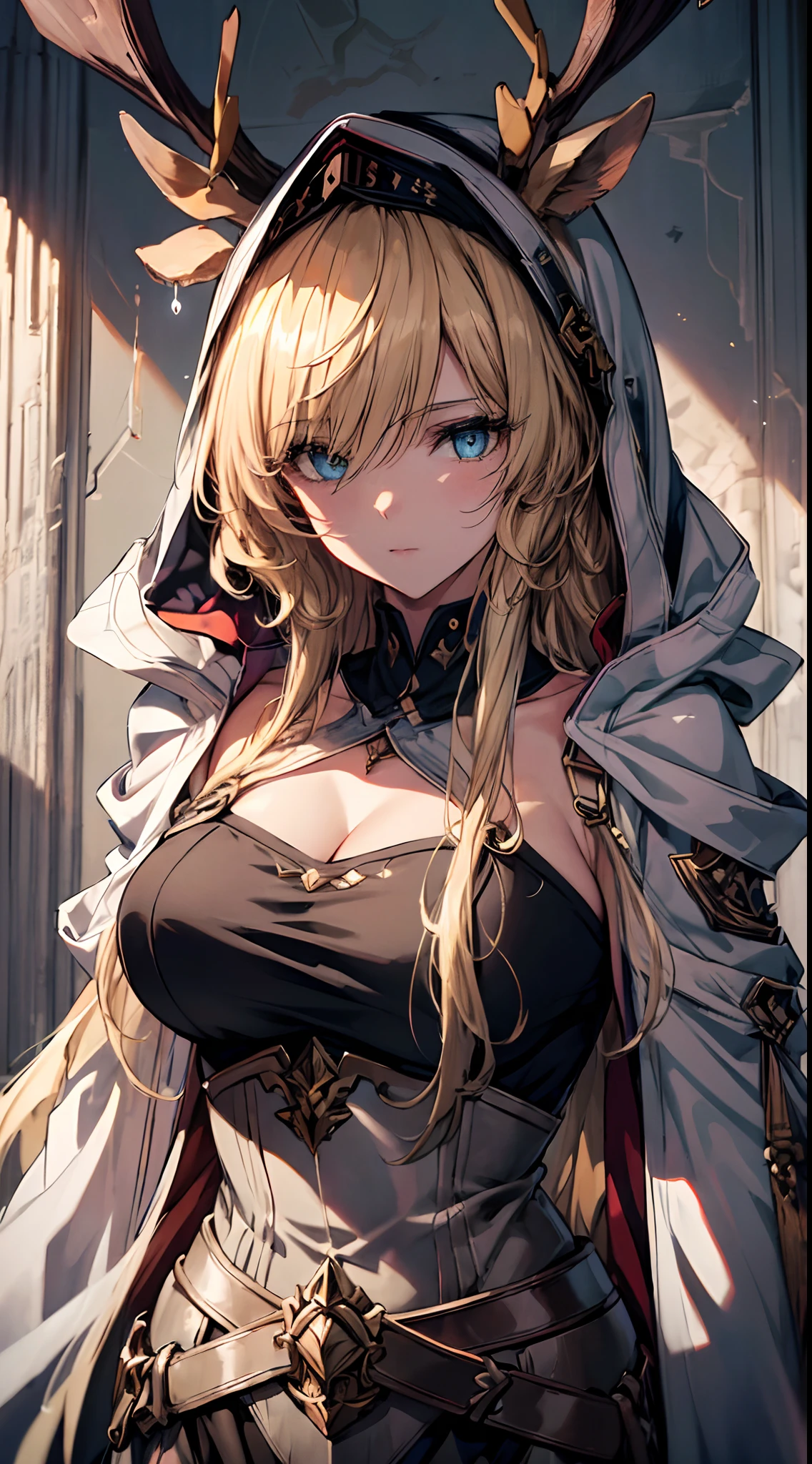 (masterpiece, top quality, best quality, official art, beautiful and aesthetic:1.2), 1girl, priestess, long light blonde hair, messy hair, (wearing black blindfold:1.3), large breasts, cleavage, (white revealing robe, gold trim), (white hood:1.2), extreme detailed, colorful, perfect face, upper body, HDR, (light streaks), striking visuals, vibrant colors, temple background