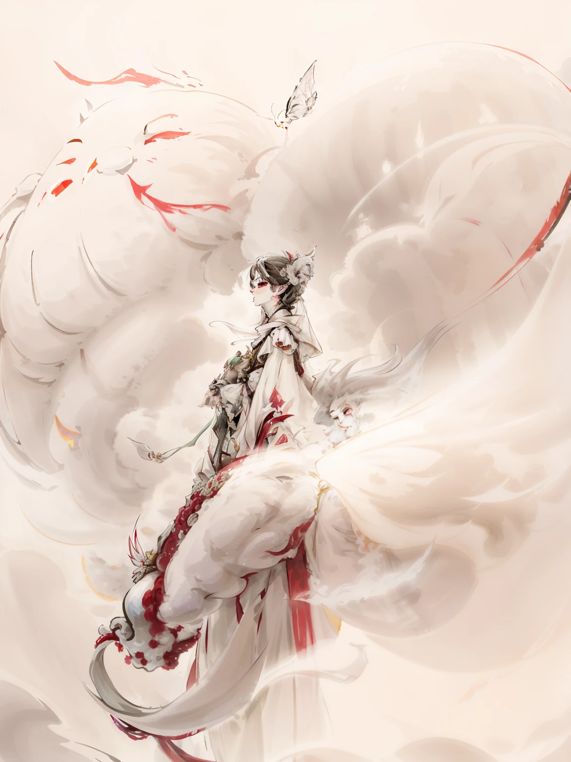 Old immortal with white beard and white eyebrows,Dressed in white, There is a butterfly jade pendant around the waist,Stand on a big red carp floating in the air,dark stormy clouds,He smiled and looked at me