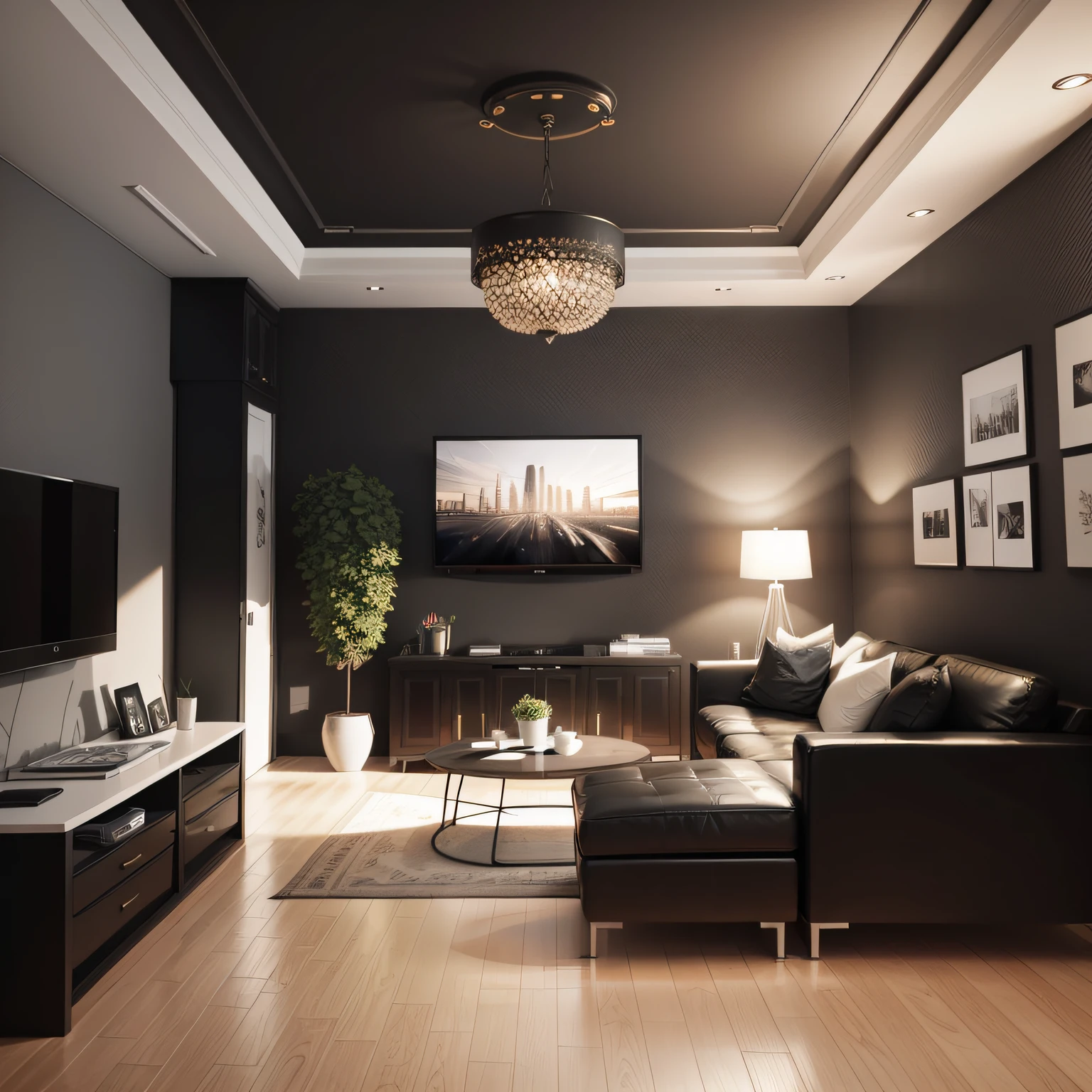 living room with black basement walls with Adding Decorative Elements