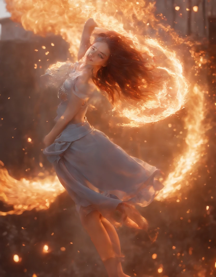 Enter a captivating scene，An anime girl sitting on a floating platform, How energetic fire particles ignite the air around you, Creates a stunningly dynamic atmosphere. Creative lighting styles bathed in brilliant light, Burning light, Harmonizes with rotating fire particles. Crafted with meticulous precision，Render in stunning 10k high resolution, This masterpiece incorporates the artistic medium of digital illustration, The impact of fire, particle sim, and post-processing technology. Take inspiration from anime styles, Mystical realism, and contemporary surrealism, It captures the fiery, The ethereal beauty of anime girls in dancing flames, Fire particles enhance the sense of magic and wonder.