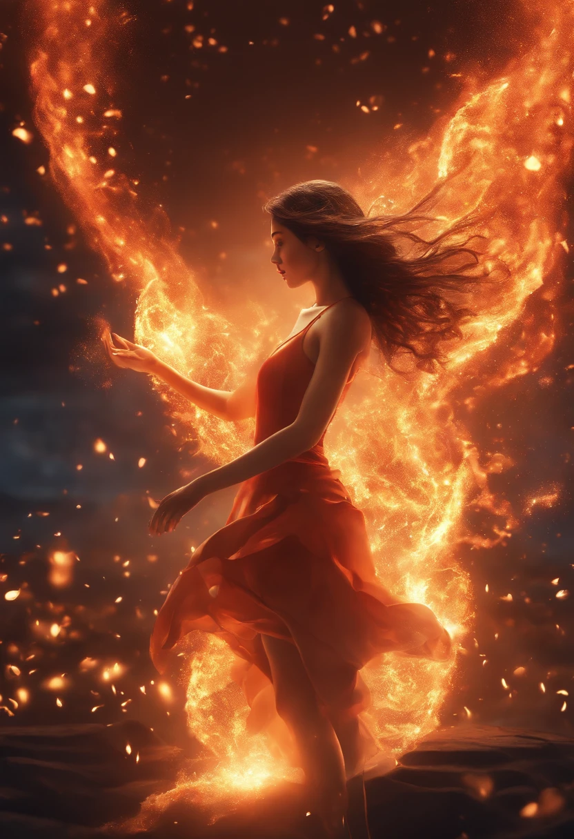 Enter a captivating scene,An anime girl sitting on a floating platform, How energetic fire particles ignite the air around you, Creates a stunningly dynamic atmosphere. Creative lighting styles bathed in brilliant light, Burning light, Harmonizes with rotating fire particles. Crafted with meticulous precision,Render in stunning 10k high resolution, This masterpiece incorporates the artistic medium of digital illustration, The impact of fire, particle sim, and post-processing technology. Take inspiration from anime styles, Mystical realism, and contemporary surrealism, It captures the fiery, The ethereal beauty of anime girls in dancing flames, Fire particles enhance the sense of magic and wonder.