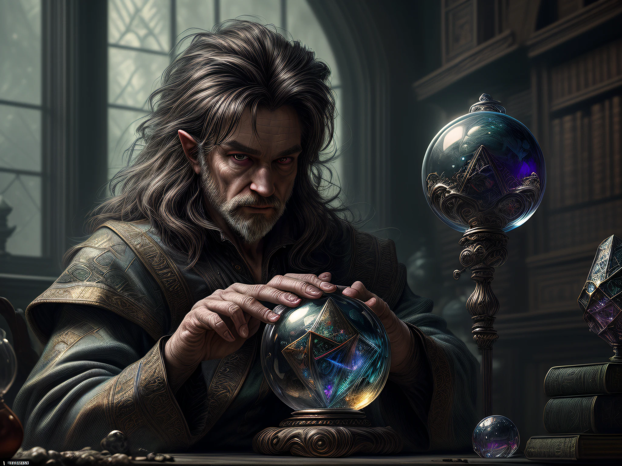 high details, best quality, 8k, [ultra detailed], masterpiece, best quality, (extremely detailed), dynamic angle, ultra wide shot, photorealistic, RAW, fantasy art, dnd art, fantasy art, realistic art, a wide angle view wallpaper of a wizard (intense details, Masterpiece, best quality: 1.5) looking into his crystal ball (intense details, Masterpiece, best quality: 1.5), [[an image of a cell phone in the crystal ball]] (intense details, Masterpiece, best quality: 1.5), human male wizard, fantasy wizard (intense details, Masterpiece, best quality: 1.5), D&D wizard, young human male (intense details, Masterpiece, best quality: 1.5), [[anatomically correct]], dynamic hair, dynamic eyes, wearing magical robe (intense details, Masterpiece, best quality: 1.5), dynamic colors, ultra detailed face (intense details, Masterpiece, best quality: 1.5), in his laboratory (intense details, Masterpiece, best quality: 1.5), many magical tomes, magical library (intense details, Masterpiece, best quality: 1.5), many magical vials, ultra wide angle from a medium distance