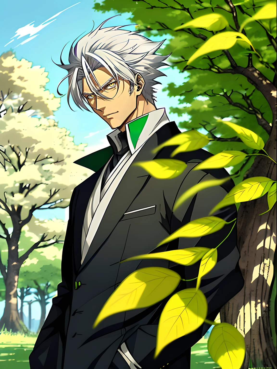 Anime character with white hair and yellow eyes standing in front of a green tree, hajime yatate, Anime portrait of a handsome man, Tall anime man with yellow eyes, Anime handsome man, a silver haired mad, white haired Cangcang, handsome guy in demon killer art, offcial art