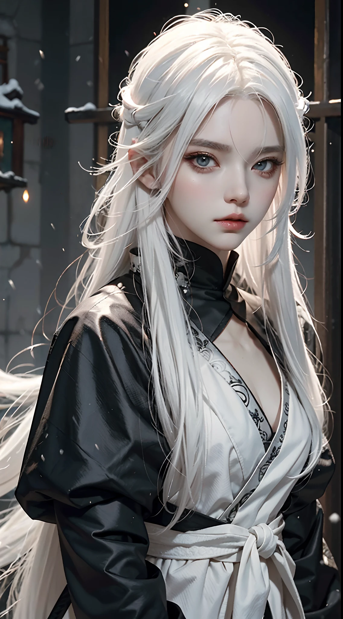a close up of a person with white hair and a sword, white haired deity, with white long hair, with long white hair, artwork in the style of guweiz, white haired, guweiz, handsome guy in demon slayer art, beautiful character painting, by Yang J, white-haired, guweiz on pixiv artstation, anime character,black clothing,in the palace,snow