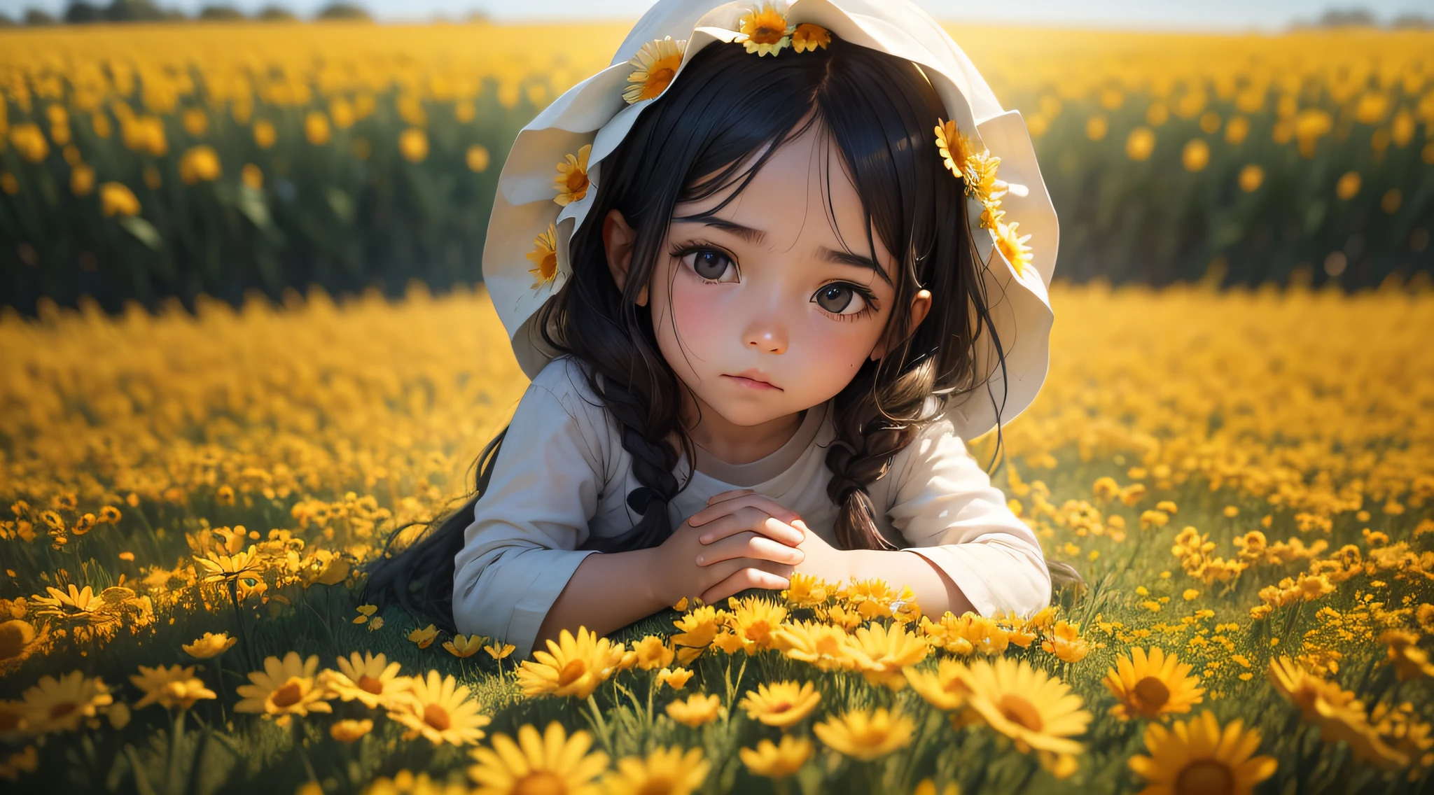 "Generate an 8k image of a in a field of flowers, cercada por anjos que sussurram palavras de encorajamento. The image must represent innocence and divine protection."