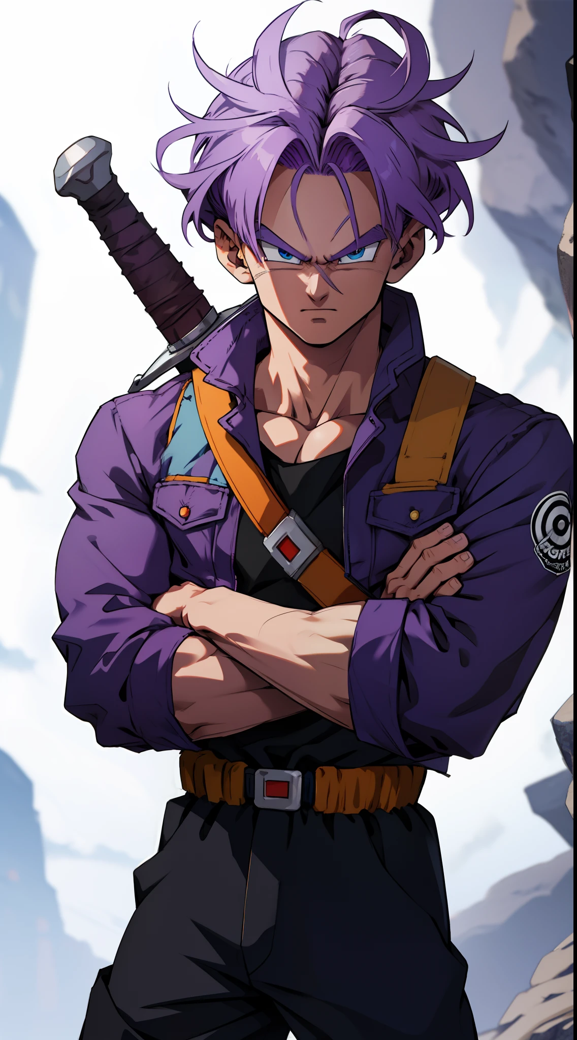 (masterpiece, best quality:1.2), cowboy shot, solo, male focus, 1boy, trunks \(dragon ball\), expressionless, closed mouth, looking at viewer, crossed arms, purple hair, blue eyes, jacket, shirt, pants, sword