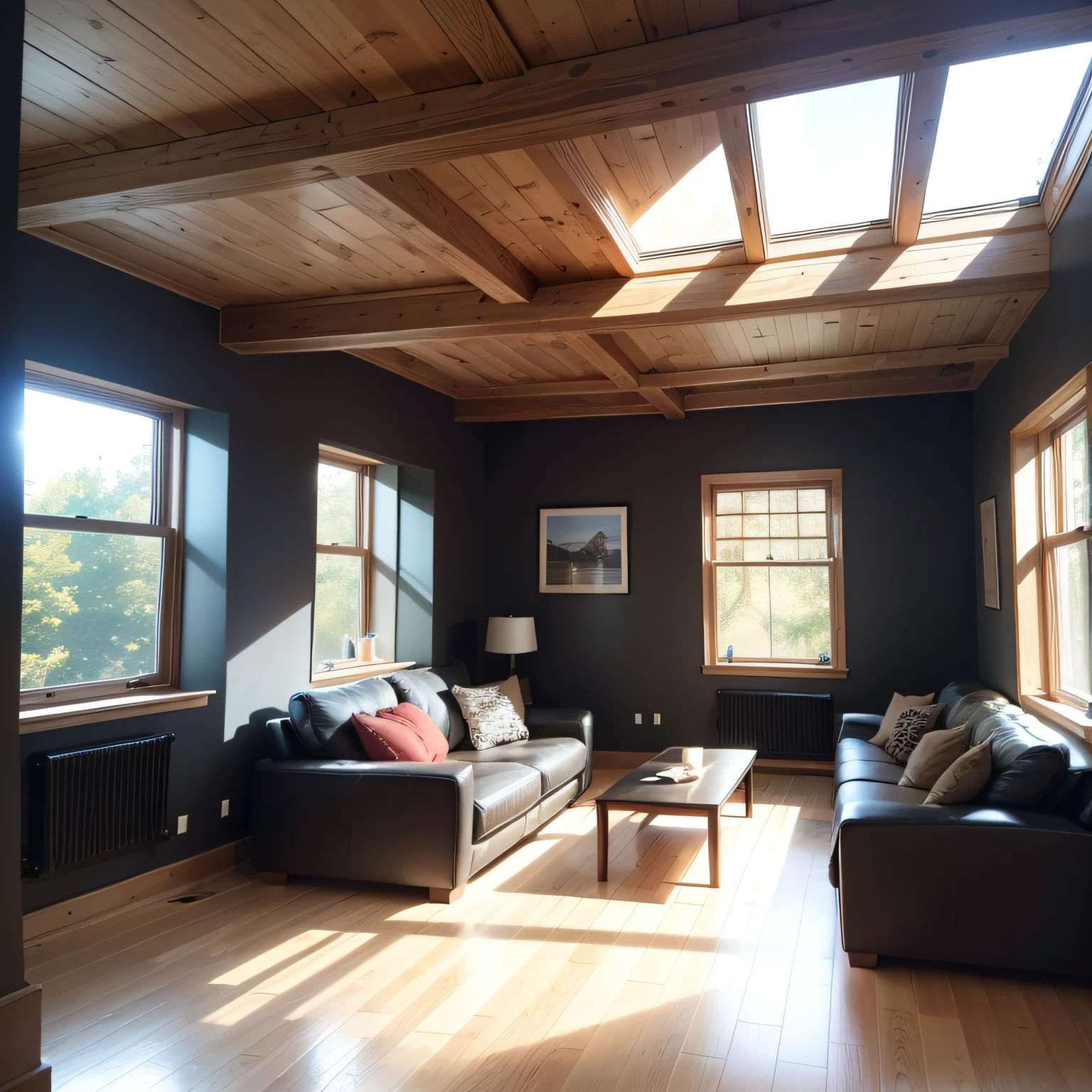 living room with black basement walls with  Window Wells and Natural Light