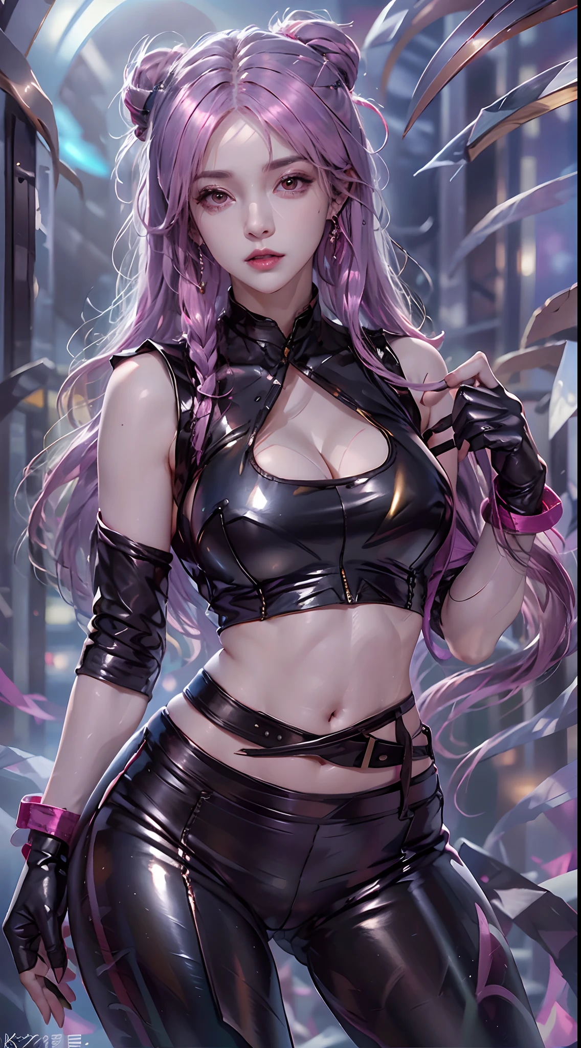 photorealistic, high resolution, 1women, mature female, solo, hips up,k/da_kai'sa,jewelry, earrings, makeup, bare shoulders, crop top, black crop top, collarbone, collar, shiny clothes, detached sleeves, crystals, gloves, elbow gloves, single fingerless glove, midriff, belt, pants, tight pants, high-waist pants, studio background, (Kpop idol), (aegyo sal:1), (pink hair:1), ((puffy eyes))