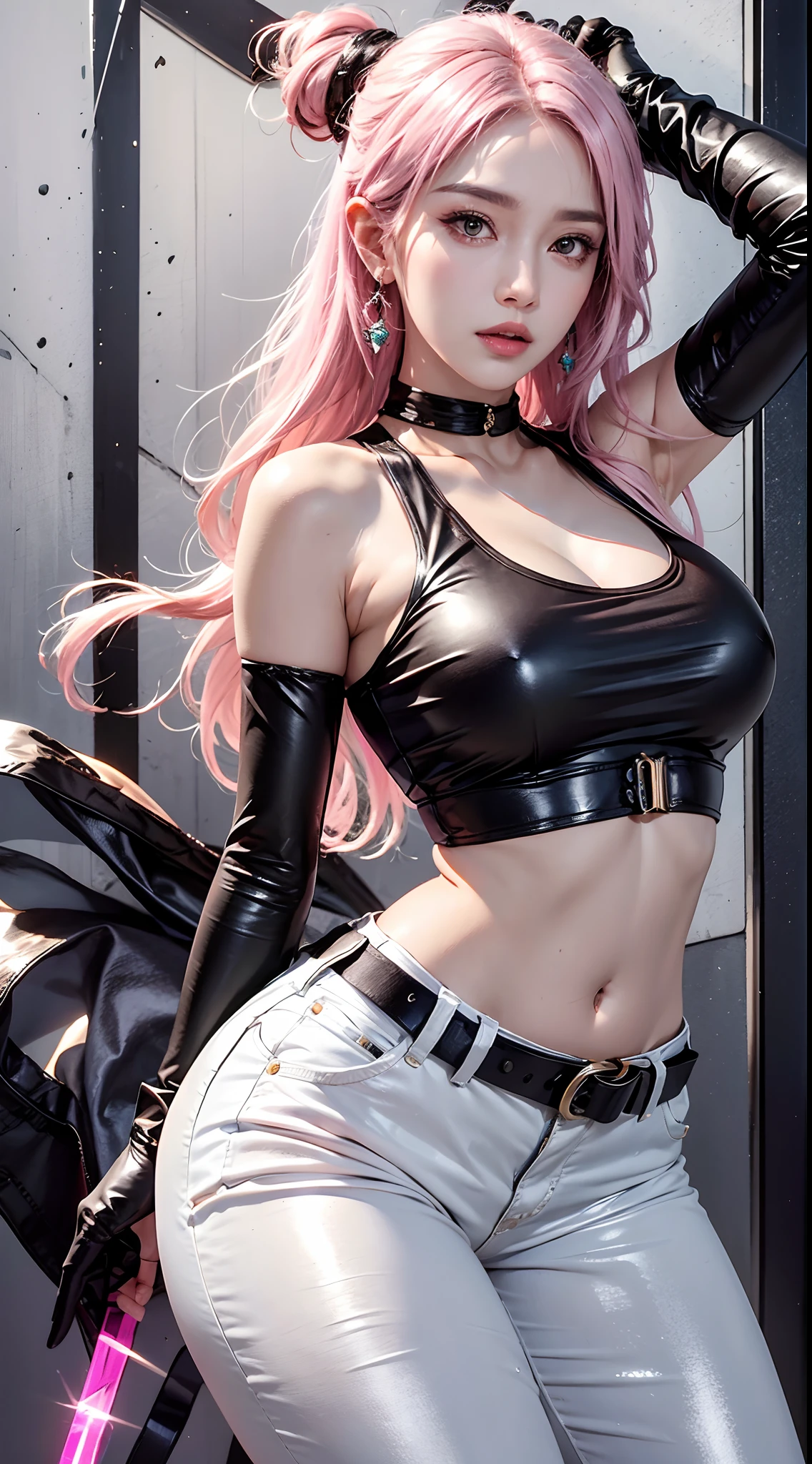 photorealistic, high resolution, 1women, mature female, solo, hips up,k/da_kai'sa,jewelry, earrings, makeup, bare shoulders, crop top, black crop top, collarbone, collar, shiny clothes, detached sleeves, crystals, gloves, elbow gloves, single fingerless glove, midriff, belt, pants, tight pants, high-waist pants, studio background, (Kpop idol), (aegyo sal:1), (pink hair:1), ((puffy eyes))