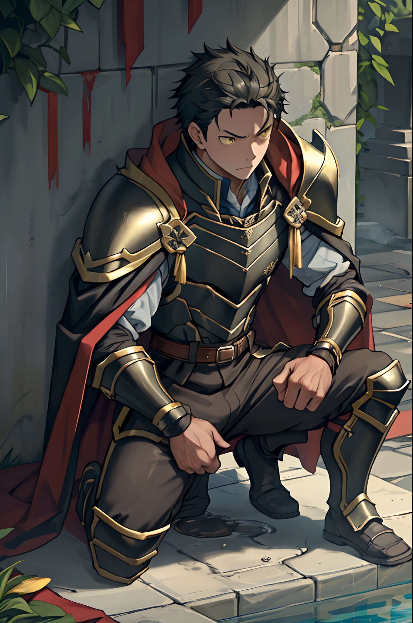 （1 Adult male），A high resolution， Sharp focus， Pixiv masterpiece， （（Complicated details））， highly  detailed， natsuki_subaru， 1 man，Wear tight combat uniforms，Wear armor，perfect male figure，Urine on the trouser leg， Nervously bow your head，is shy，embarressed，exhilarated，is shocked，panicking，worry，A pool of urine formed around him，Very eager to pee，Unbearable，Wet yourself，Urine discharge，full bodyesbian，kneels on the ground，Tired，decadent， Yellow eyes（eyes glowing）， Black hair short hair，Armour，Tie a belt，Cloaked，Cloak，Shoulder armor，perspire，Drenched，Get wet，pissing，urine flows down the pants，look from down