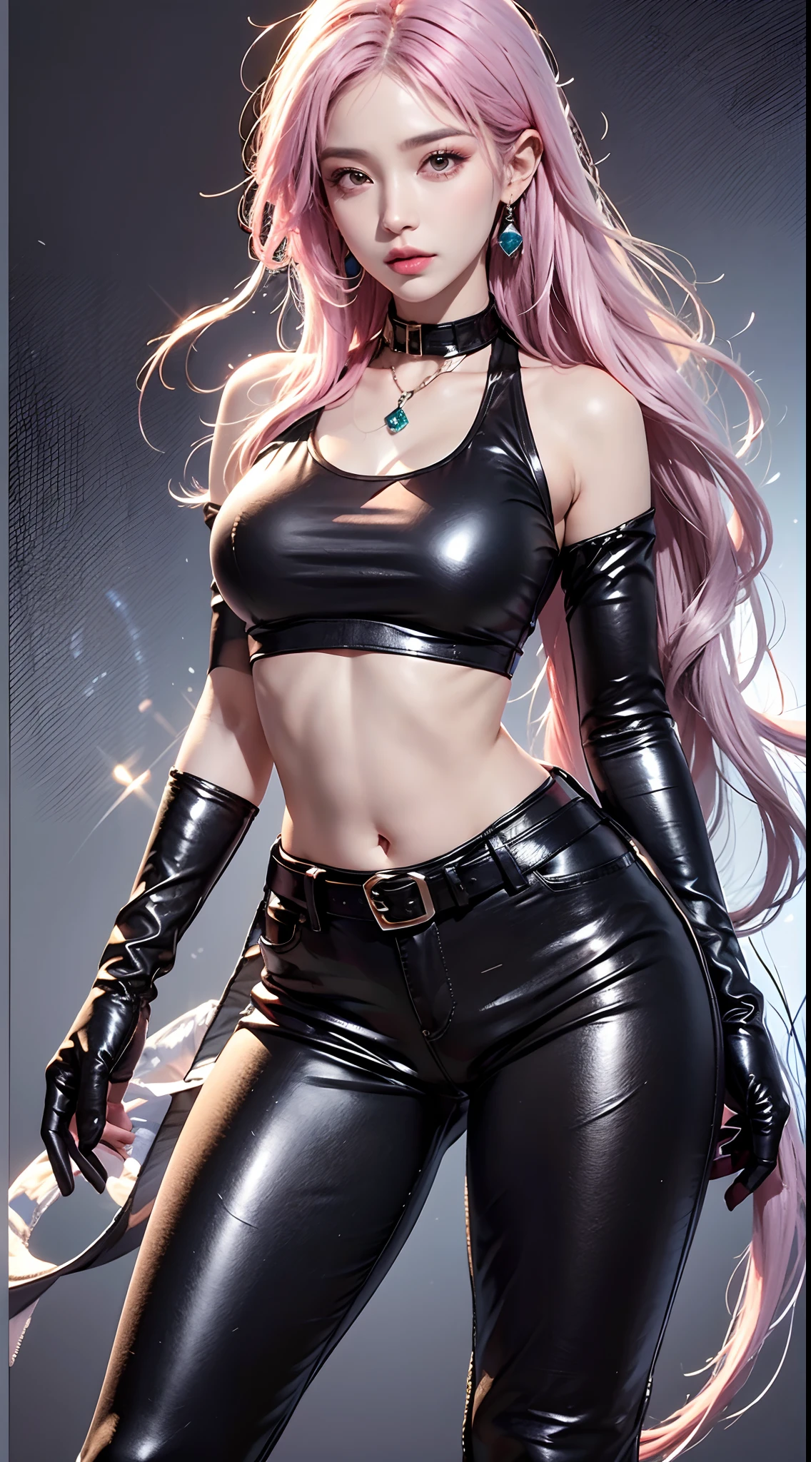 photorealistic, high resolution, 1women, mature female, solo, hips up,k/da_kai'sa,jewelry, earrings, makeup, bare shoulders, crop top, black crop top, collarbone, collar, shiny clothes, detached sleeves, crystals, gloves, elbow gloves, single fingerless glove, midriff, belt, pants, tight pants, high-waist pants, studio background, (Kpop idol), (aegyo sal:1), (pink hair:1), ((puffy eyes))