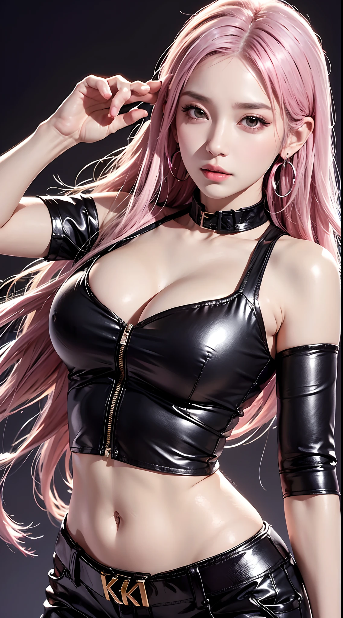 photorealistic, high resolution, 1women, mature female, solo, hips up,k/da_kai'sa,jewelry, earrings, makeup, bare shoulders, crop top, black crop top, collarbone, collar, shiny clothes, detached sleeves, crystals, gloves, elbow gloves, single fingerless glove, midriff, belt, pants, tight pants, high-waist pants, studio background, (Kpop idol), (aegyo sal:1), (pink hair:1), ((puffy eyes))
