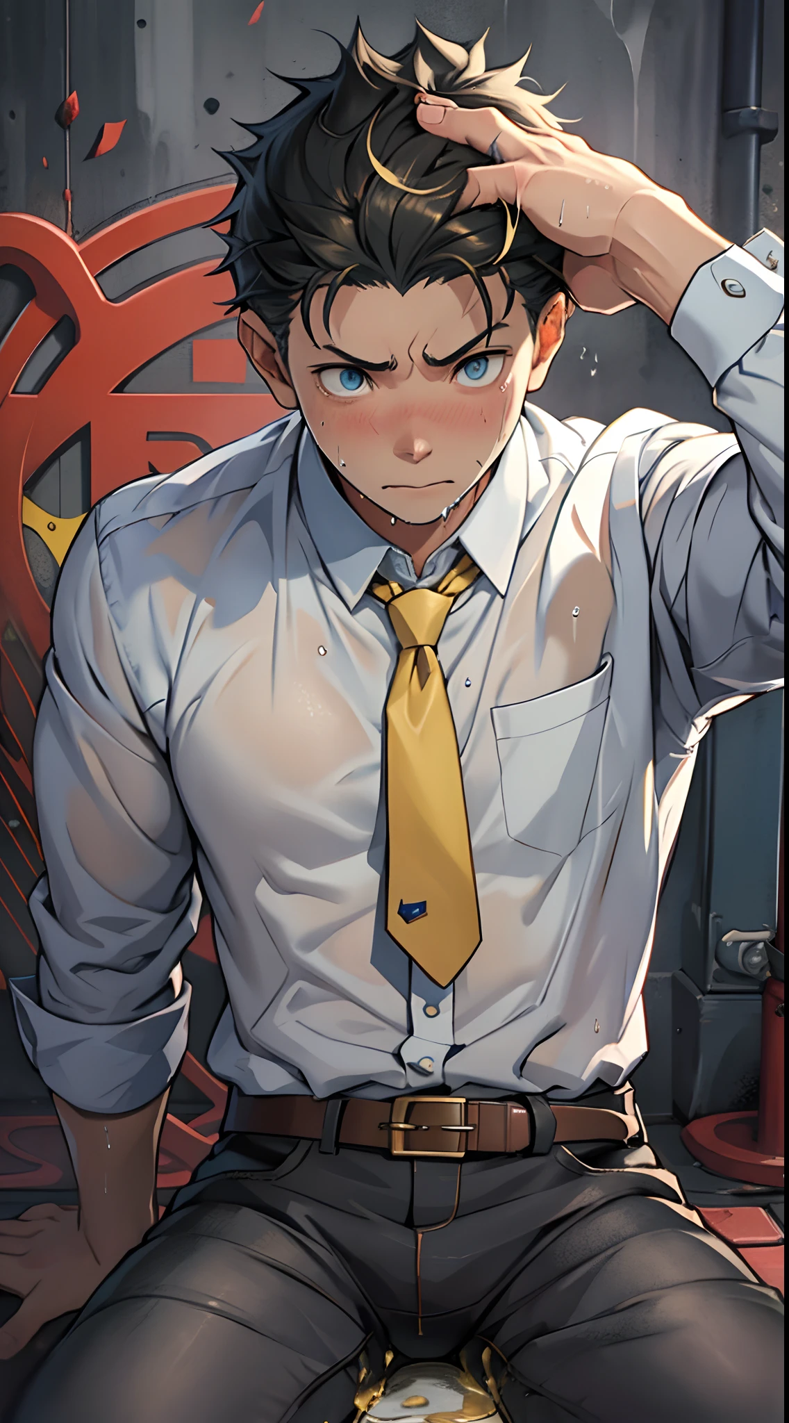 (1 Adult male),A high resolution, Sharp focus, Pixiv masterpiece, ((Complicated details)), highly detailed, natsuki_subaru, 1 man,perfect male figure,Urine on the trouser leg, Nervously bow your head,is shy,embarressed,exhilarated,is shocked,panicking,worry,A pool of urine formed around him,Very eager to pee,Unbearable,Wet yourself,Urine discharge,full bodyesbian,sit astride,Tired,decadent, blue color eyes(eyes glowing), Short yellow hair,Yellow long-sleeved shirt,Wear a tie,Wear a belt,trousers,perspire,Drenched,Get wet,pissing,urine flows down the pants,look from down