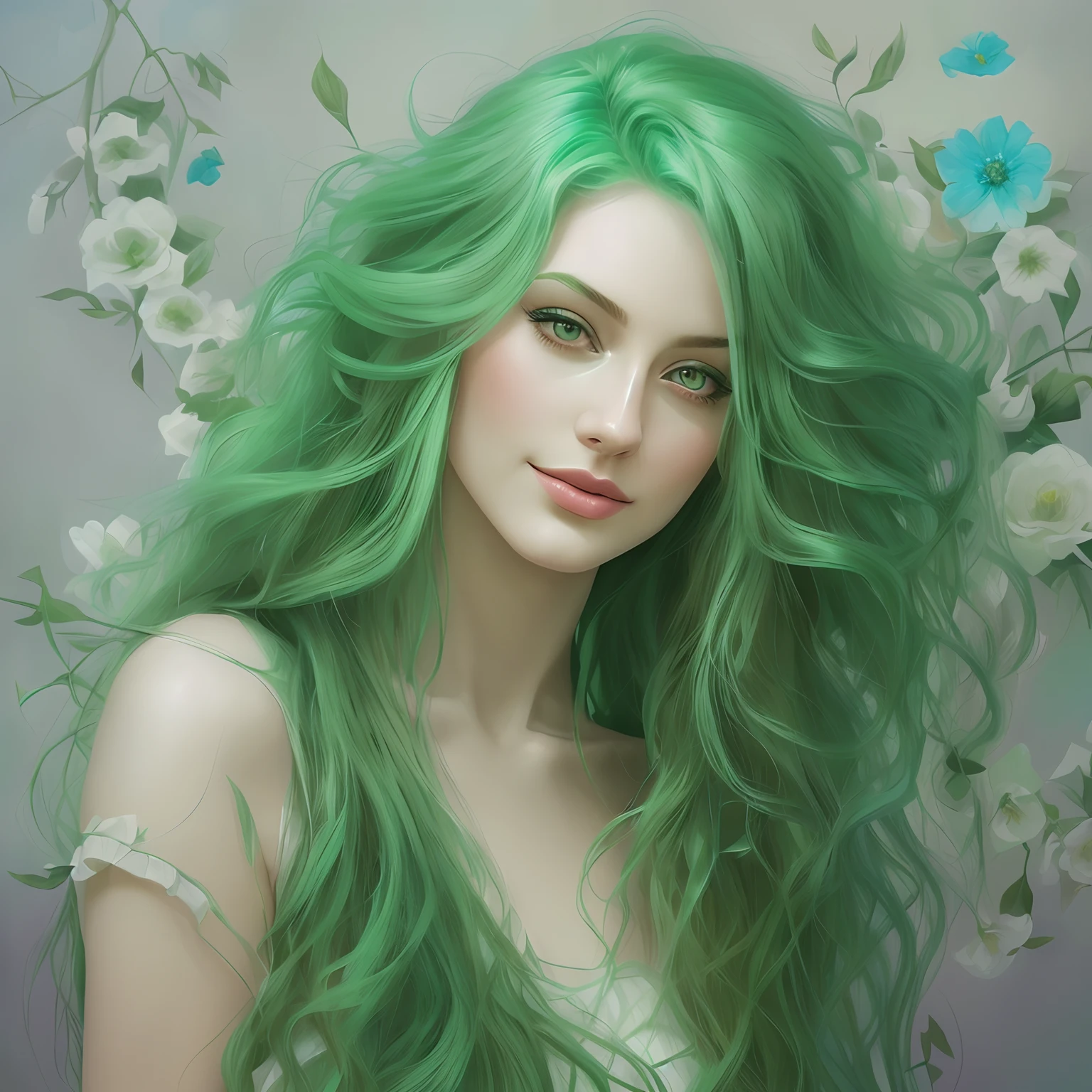Green haired woman with long hair and blue eyes in front of a floral background, gorgeous digital painting, beautiful digital painting, painting of beautiful, elegant digital painting, digital art oil painting, airbrush digital oil painting, beautiful portrait oil painting, high quality digital painting, beautiful digital art, beautiful gorgeous digital art, stunning digital painting, beautiful digital artwork, blonde woman