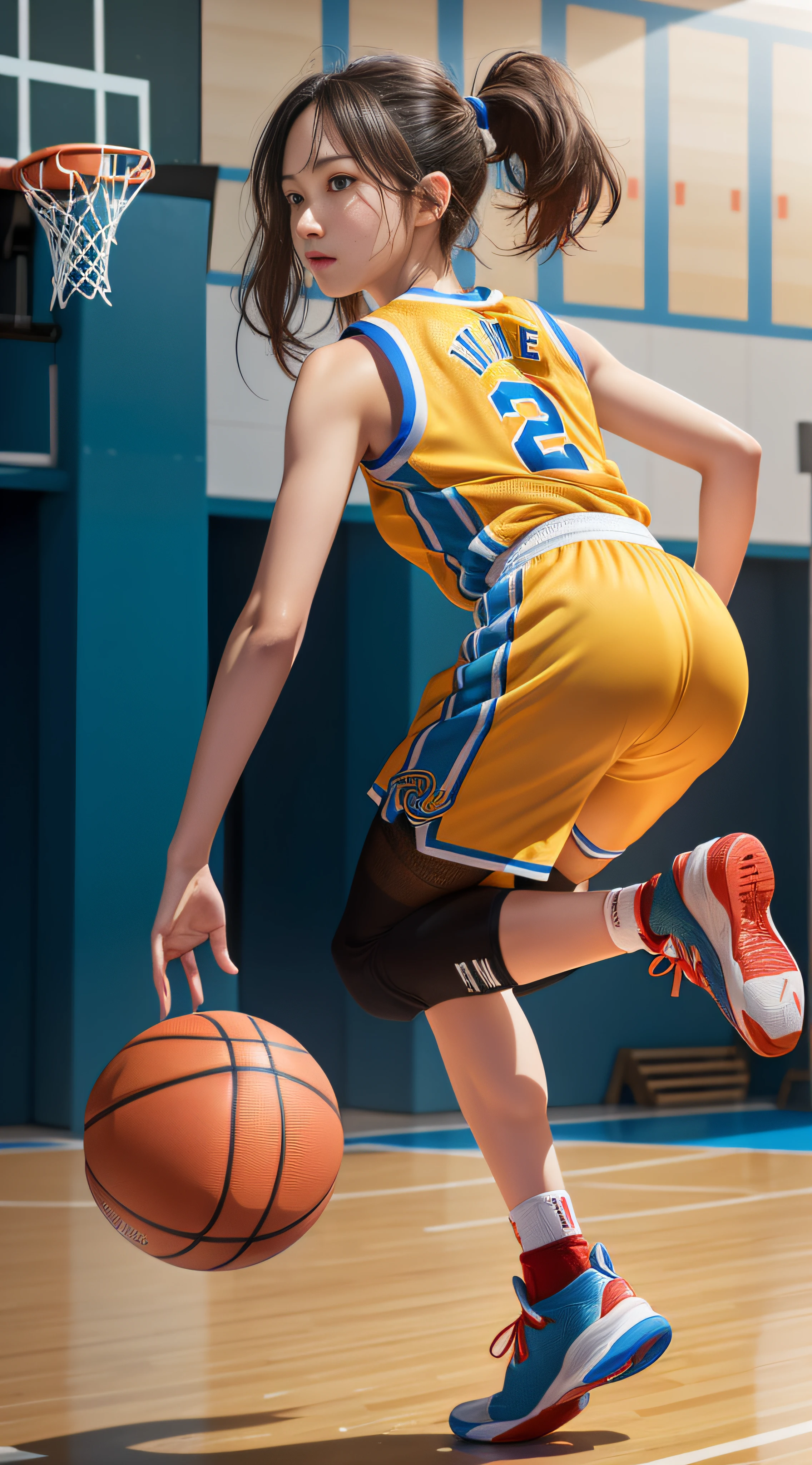 RAW image quality, 8K分辨率, Ultra-detailed CG image quality, masutepiece,Ultra-detailed,ultra-quality,Simple eyes, Beauty face, Cute face, Colorful hair, 1girl in,Basketball player,Basketball Uniform,(Basketball court),Sweaty skin,(Full body),from behind,(jump:1.3)