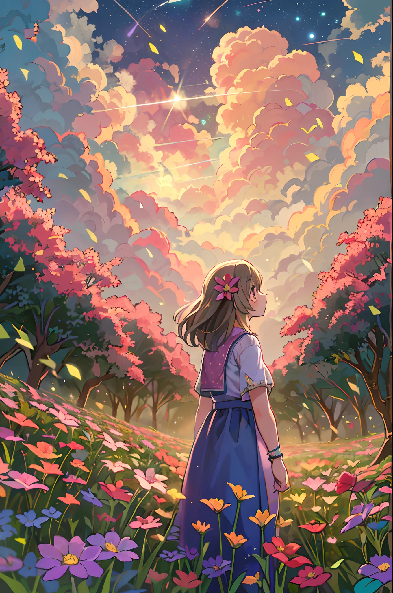 There is a girl standing in a flower field and looking up at the sky, Girl Standing In A Flower Garden, girl walking in flower field, Lost in Dreamy Wonderland, stands in a flowering field, Awesome digital painting, Sky is Xu々It will be sunny to, Starry sky is Xu々Retreat to