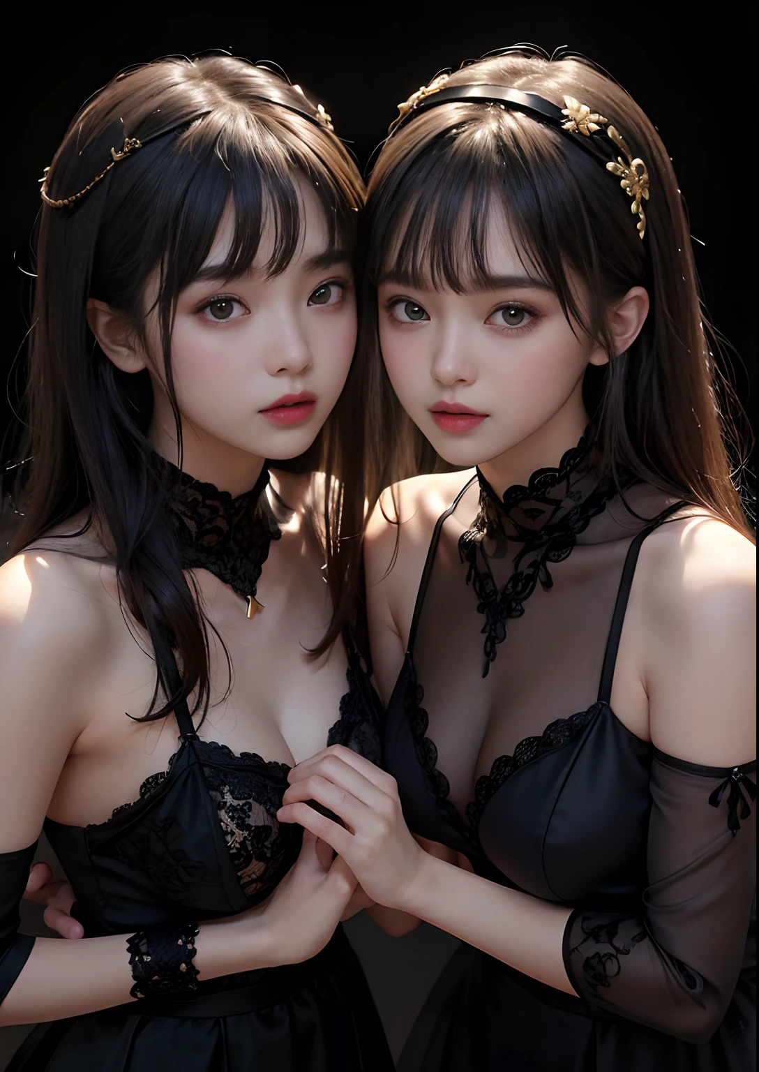 20 years old, 2girls kissing together, Black_gold lace underwear、Eyes that invite a man、Light solid color background、the full body、a closeup、8K、Raw photography、top-quality、​masterpiece、realisitic、Realistic、Parted bangs、