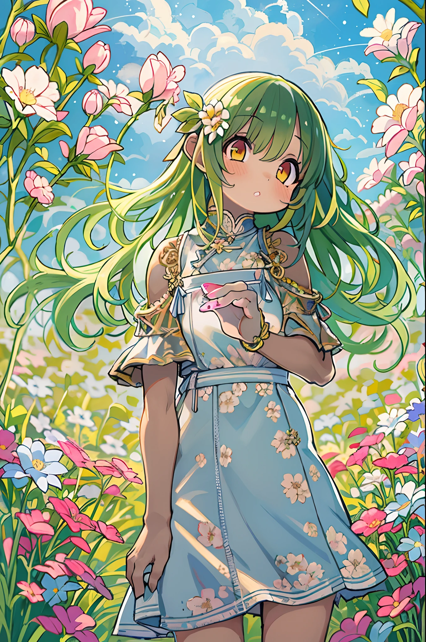 There is a girl standing in a flower field and looking up at the sky, Girl Standing In A Flower Garden, girl walking in flower field, Lost in Dreamy Wonderland, stands in a flowering field, Awesome digital painting, Sky is Xu々It will be sunny to, Starry sky is Xu々Retreat to