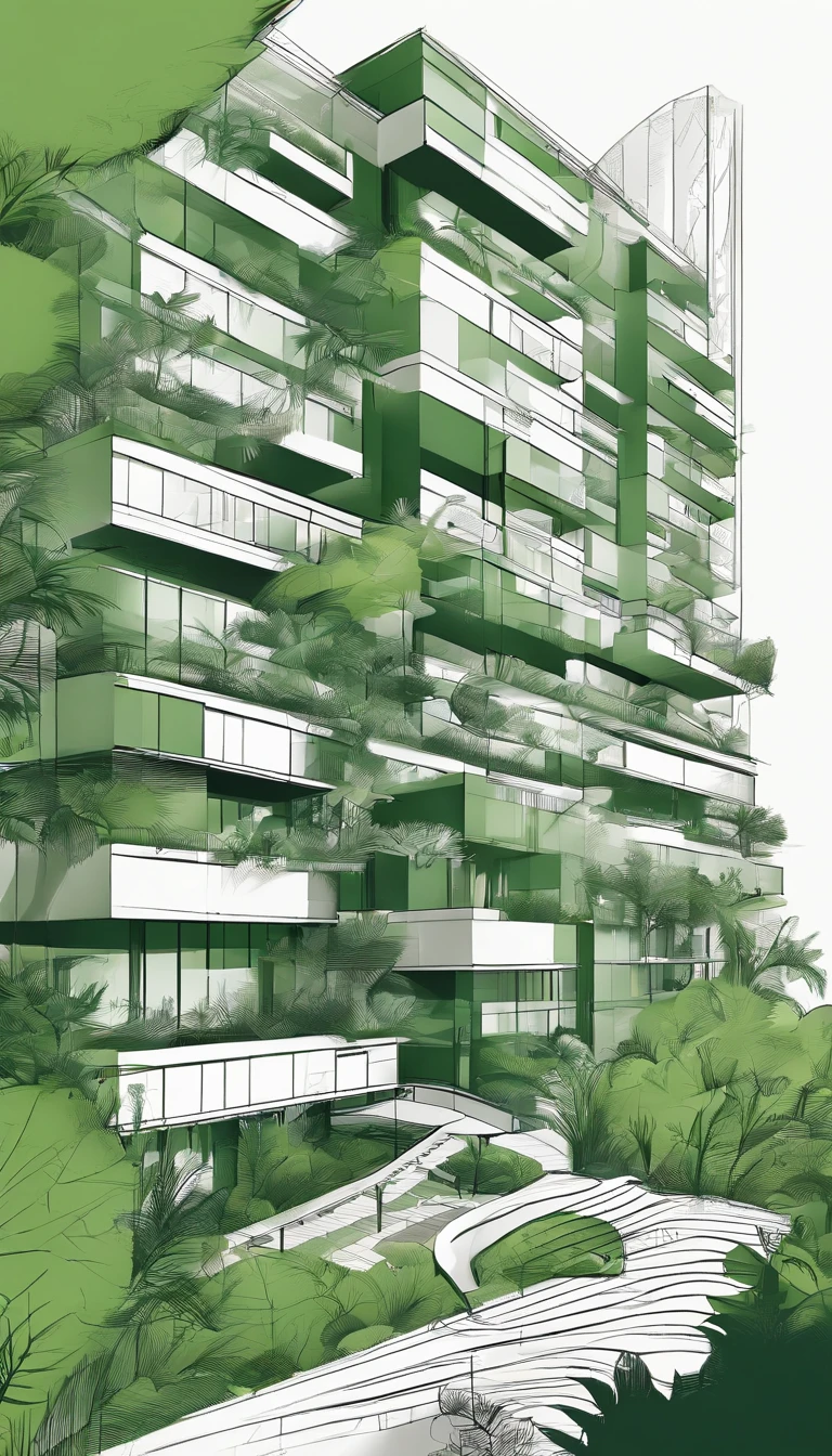 hotel style minimalist, seven-floor building, forest style, green energy, friendly with natural, area is 11.5m width, 34m length, best quality, ultra-detailed,natural lighting, monochromatic color scheme, neutral tones, realistic:1.37, vertical gardens