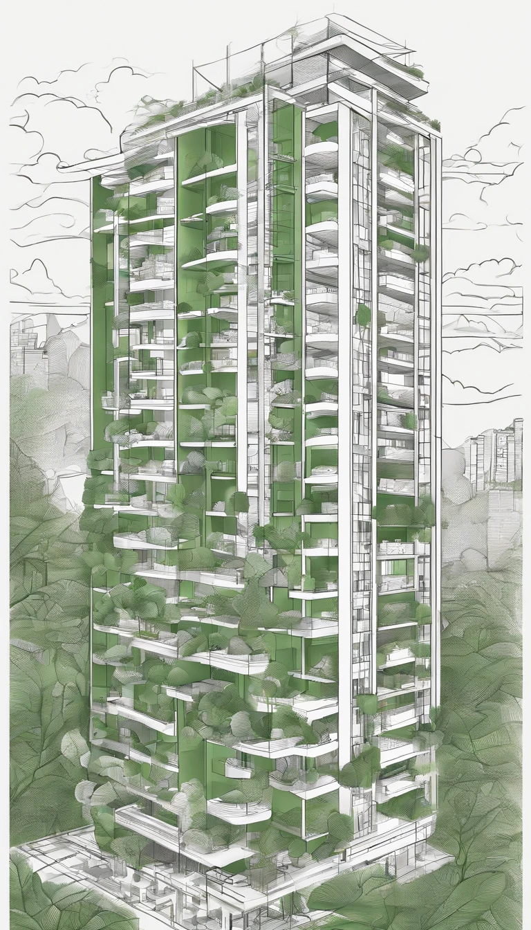 hotel style minimalist, seven-floor building, forest style, green energy, friendly with natural, area is 11.5m width, 34m length, best quality, ultra-detailed,natural lighting, monochromatic color scheme, neutral tones, realistic:1.37, vertical gardens