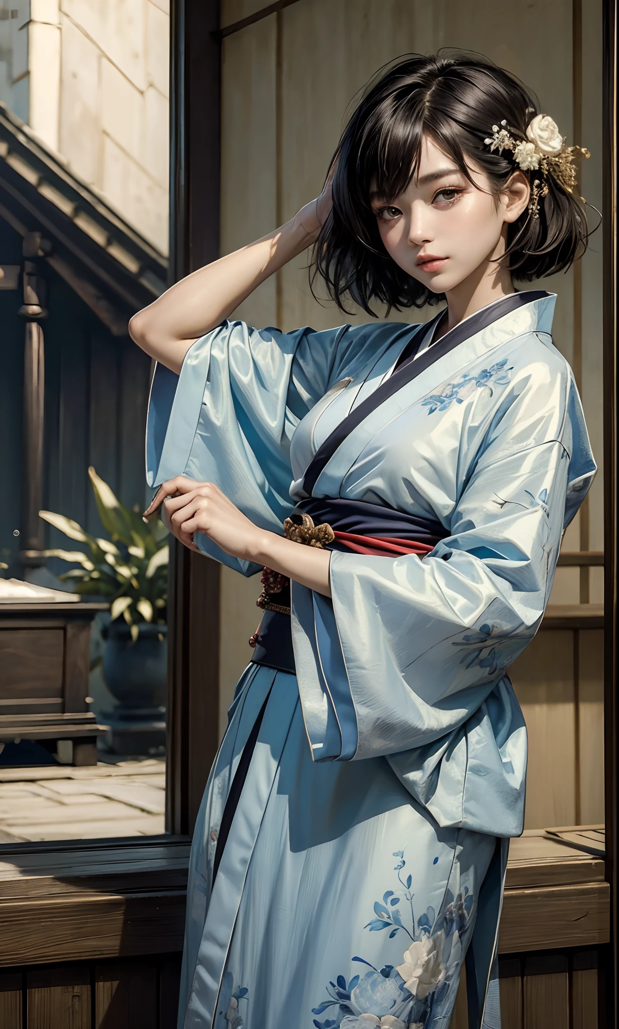 ((top-quality、​masterpiece:1.3))、sharp:1.2、Perfect Body Beauty:1.4、((Layered hairstyle))、(Kimono:1.1)、(shrines:1.2)、Highly detailed facial and skin texture、Detailed eye、二重まぶた、((short-length hair))、boyish、Cool、((unisex))、big eye、bangss、((One Woman))、Black eyes、tying  hair、hair adornments、 --auto