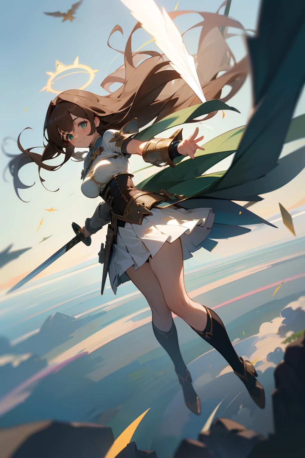 brown hair, long hair, white skirt,pleated mini skirt, flipping skirt, blue corset,breastplate, 8K, masterpiece, wing,halo,big breast, full body, scenery, 1 girl, moody lighting, depth of field,overturning, smile, green eyes, holding sword