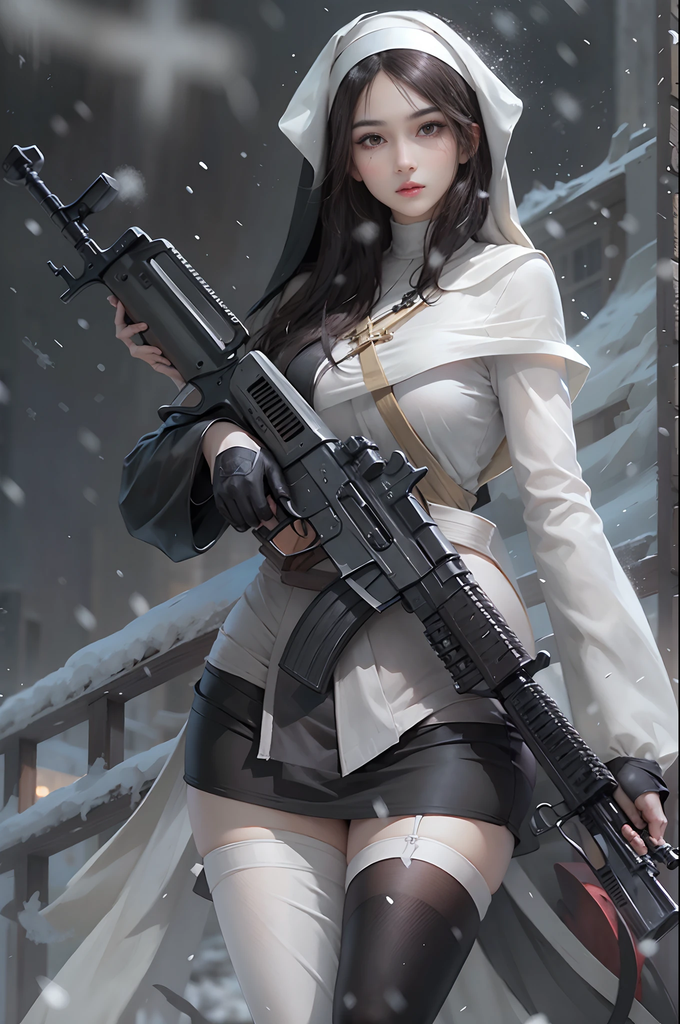 Photorealistic, high resolution, Beautiful tall woman, Solo, Hips up, view the viewer, (Detailed face),Black color hair, Long hair, Young nun costume, Stockings,Snow background, Girl aiming AK-47 assault rifle