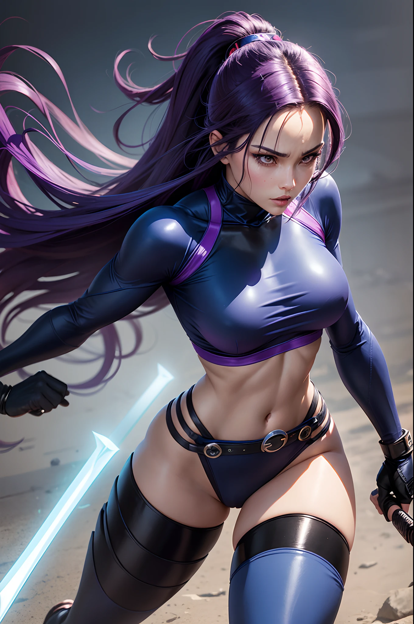 (New York: 1.5), (time square 1.50), Psylocke, also known as Elizabeth, is known for her distinctive appearance and her psychic and telepathic abilities, which are often associated with a psychic blade or psychic katana.
Physical appearance:
Psylocke is a woman of British origin and with an Asian appearance for a while. However, its most recognizable form is as follows::
Hair: Psylocke usually has long, dark purple hair that falls in soft waves. Her hair is a striking feature and is often worn loose. Eye: Her eyes are typically depicted as blue, but they can also be depicted as purple when she is using her psychic abilities. Body: Psylocke is chiseled and athletic, like many Marvel superheroes. Her physical form reflects her proficiency in martial arts and her combat skills.
typical costume:
Psylocke's costume is an important part of her visual identity. She is often depicted wearing the following attire:
bodysuit: Psylocke wears a bodysuit that covers her entire body. The costume is usually tight (dark blue or black color :1.5) that covers your body from neck to toe and is made of material that fits the body.
waistband: She often wears a red waistband that wraps around her waist. This stripe serves as a point of contrast in her look, breaking the monotony of the main color.
Psychic Blade: Psylocke's most iconic feature is her psychic blade or psychic katana. This is a blade made of psychic energy that she can create with her telepathic abilities. The blade is often described as a traditional Japanese sword, and she wields it skillfully in combat.
gloves and boots: Psylocke wears gloves and boots in the same color as her bodysuit, completing the look. These items usually have simple details, such as stripes or lines that complement the outfit.
mask: Although not a constant feature of her costume, Psylocke wears a mask that covers part of her face, leaving only her eye, (slender body: 1.5), (Clothing: 1.5), (large breasts: 1.3), (b