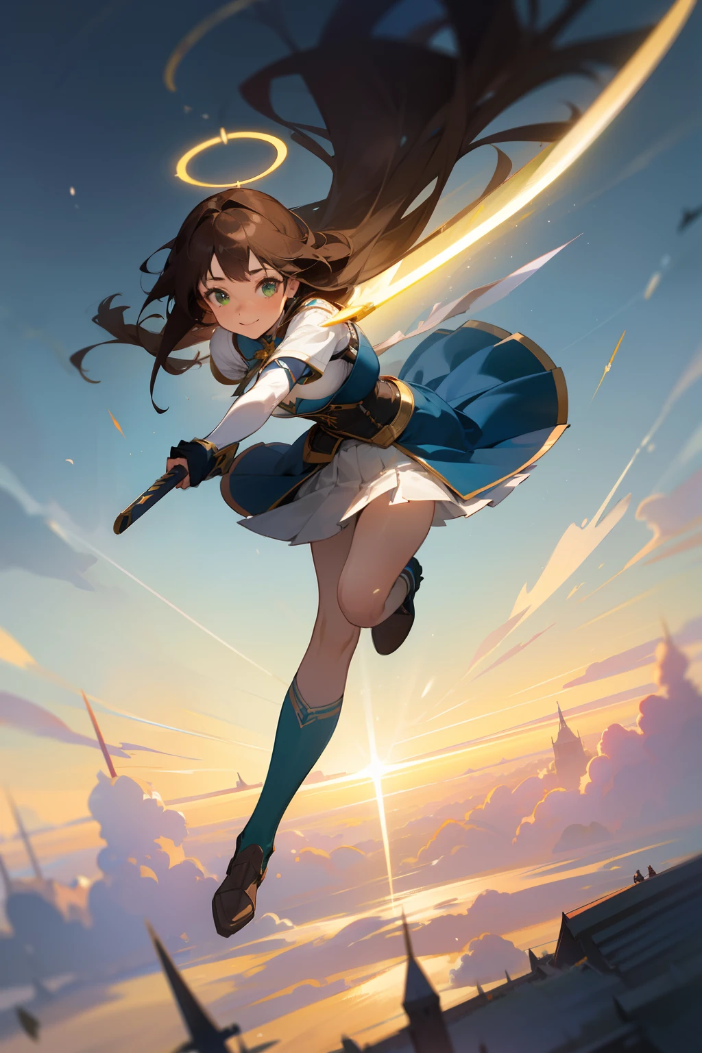 brown hair, long hair, white skirt,pleated mini skirt, flipping skirt, blue corset,breastplate, 8K, masterpiece, wing,halo,big breast, full body, scenery, 1 girl, moody lighting, depth of field,overturning, smile, green eyes, holding sword
