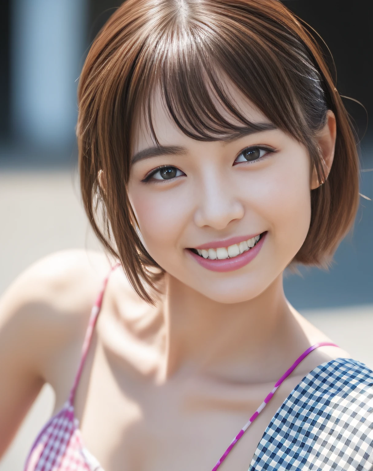 (Best Quality,8ｋ,Absolutely beautiful:1.2),(Beautiful),Perfect body、Beautiful skin、gravure、Universal beauty、((top-quality、8k、​masterpiece:1.3))、foco nítido:1.2、Layered Haircut、Small breasts、Highly detailed facial and skin texture、 A detailed eye、skin tanned、Stand straight、(cute smile), A photo from the waist up,((( one Japanese 16years old girl)))、Wearing a cute sportsbra、