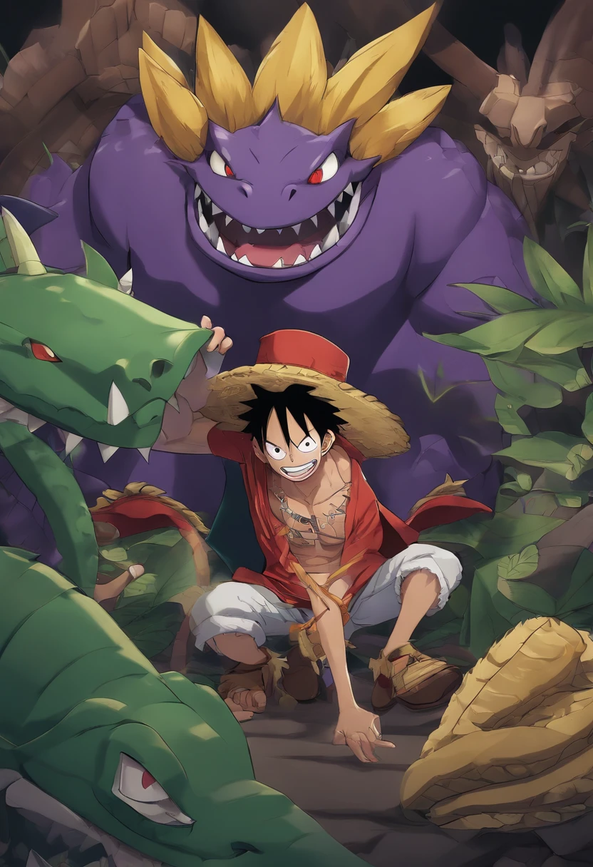 criar um papel de parede em FHD com meus personagens favoritos de animes: crocodile de ONE PIECE, Warbandit de Medabots, Gengar de pokémon, Illaoi de League of Legends