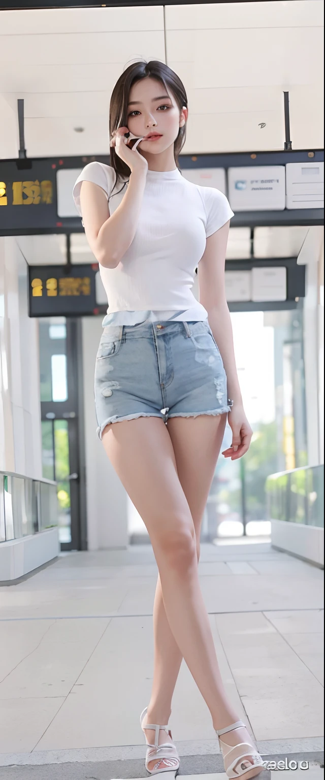araffe woman in short shorts talking on a cell phone, sexy girl wearing shorts, short jeans, hot-pants, wearing denim short shorts, photo of slim girl model, thin-waist, with a thin waist, skinny waist and thick hips, denim hot-pants, wearing tight simple clothes, short shorts, thin waist, very short pants, denim short pants, Best picture quality, masterpiece, ultra high resolution, 8k, cleavage, big boobs, bust detail, hair detail, eye detail, sharp eyes, thin smile, professional lighting