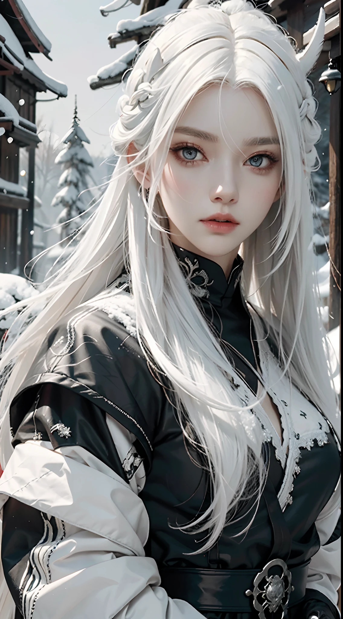 a close up of a person with white hair and a sword, white haired deity, with white long hair, with long white hair, artwork in the style of guweiz, white haired, guweiz, handsome guy in demon slayer art, beautiful character painting, by Yang J, white-haired, guweiz on pixiv artstation, anime character,black clothing,in the forest,snow