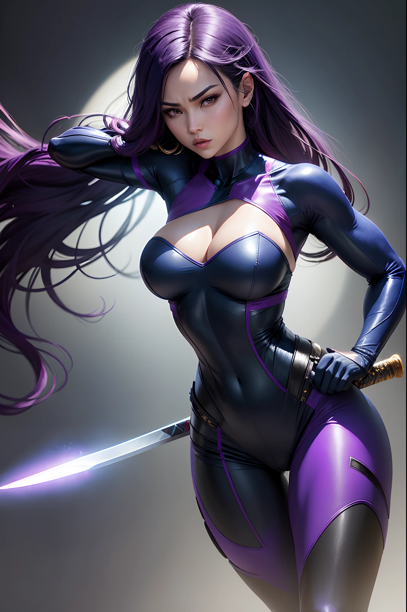 (New York: 1.5), (time square 1.50), Psylocke, also known as Elizabeth, is known for her distinctive appearance and her psychic and telepathic abilities, which are often associated with a psychic blade or psychic katana.
Physical appearance:
Psylocke is a woman of British origin and with an Asian appearance for a while. However, its most recognizable form is as follows::
      Hair: Psylocke usually has long, dark purple hair that falls in soft waves. Her hair is a striking feature and is often worn loose. Eye: Her eyes are typically depicted as blue, but they can also be depicted as purple when she is using her psychic abilities. Body: Psylocke is chiseled and athletic, like many Marvel superheroes. Her physical form reflects her proficiency in martial arts and her combat skills.
typical costume:
Psylocke's costume is an important part of her visual identity. She is often depicted wearing the following attire:
      bodysuit: Psylocke wears a bodysuit that covers her entire body. The costume is usually tight (dark blue or black color :1.5) that covers your body from neck to toe and is made of material that fits the body.
      waistband: She often wears a red waistband that wraps around her waist. This stripe serves as a point of contrast in her look, breaking the monotony of the main color.
      Psychic Blade: Psylocke's most iconic feature is her psychic blade or psychic katana. This is a blade made of psychic energy that she can create with her telepathic abilities. The blade is often described as a traditional Japanese sword, and she wields it skillfully in combat.
      gloves and boots: Psylocke wears gloves and boots in the same color as her bodysuit, completing the look. These items usually have simple details, such as stripes or lines that complement the outfit.
      mask: Although not a constant feature of her costume, Psylocke wears a mask that covers part of her face, leaving only her eye, (slender body: 1.5), (Clothing: 1.5), (large breasts: 1.3), (b
