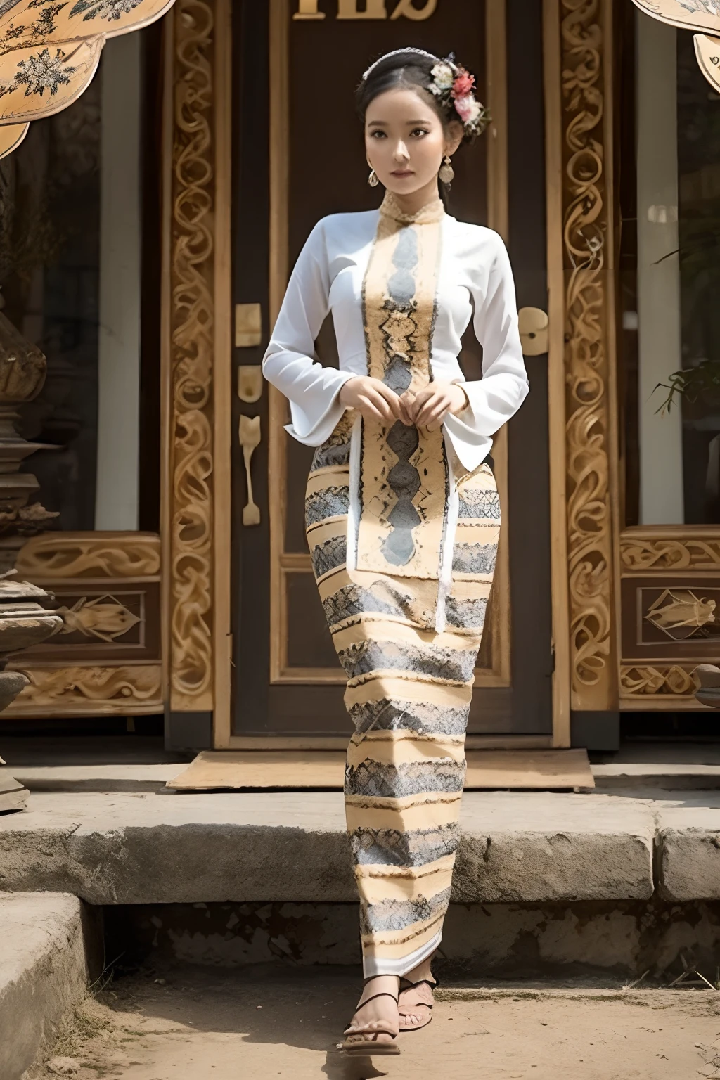 MMTD Burmese patterned traditional dress lady full body details