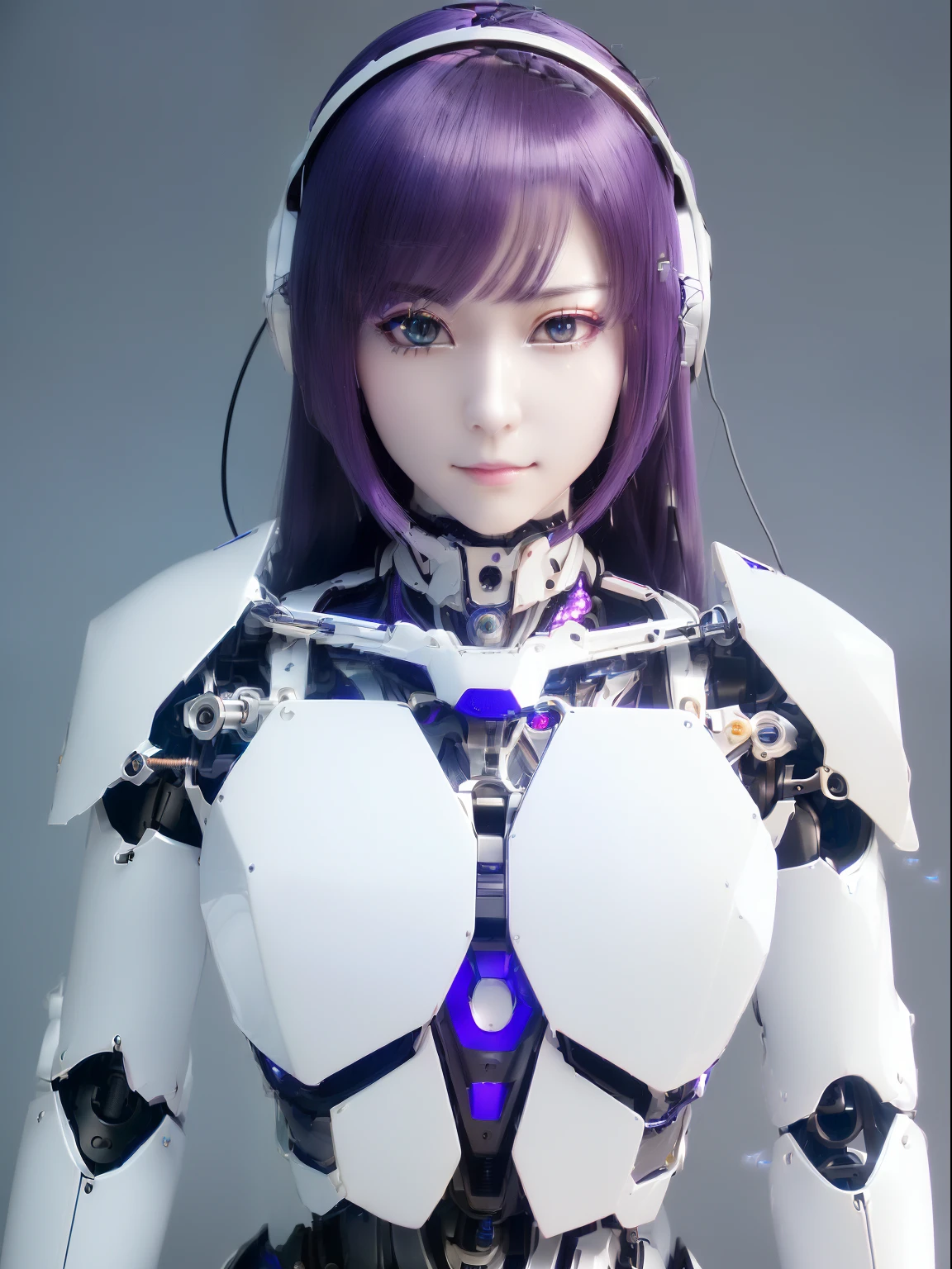 ((masutepiece)), ((top-quality), high quarity、ultra-definition, Realistic, fulcolor 、One beautiful robot woman、Joints of machines、Frame of the machine、Thick wire joints、White porcelain mechanical armor with several pieces of plastic、(Curvaceous face)、deadpan、Purple straight hair、((Electronic substrate))、