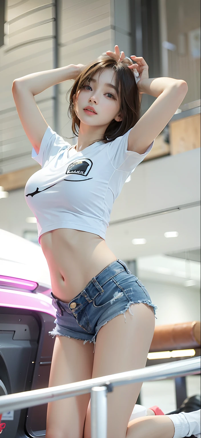 a close up of a woman in a short skirt posing for a picture, trending at cgstation, sexy girl, korean girl, tight shirt, wearing tight shirt, beautiful south korean woman, japanese model, gorgeous young korean woman, attractive pose, blue tight tshirt, photo of slim girl model, trending on cgstation, her belly button is exposed, waist - shot, Best picture quality, masterpiece, ultra high resolution, 8k, cleavage, big boobs, bust detail, hair detail, eye detail, sharp eyes, thin smile, professional lighting