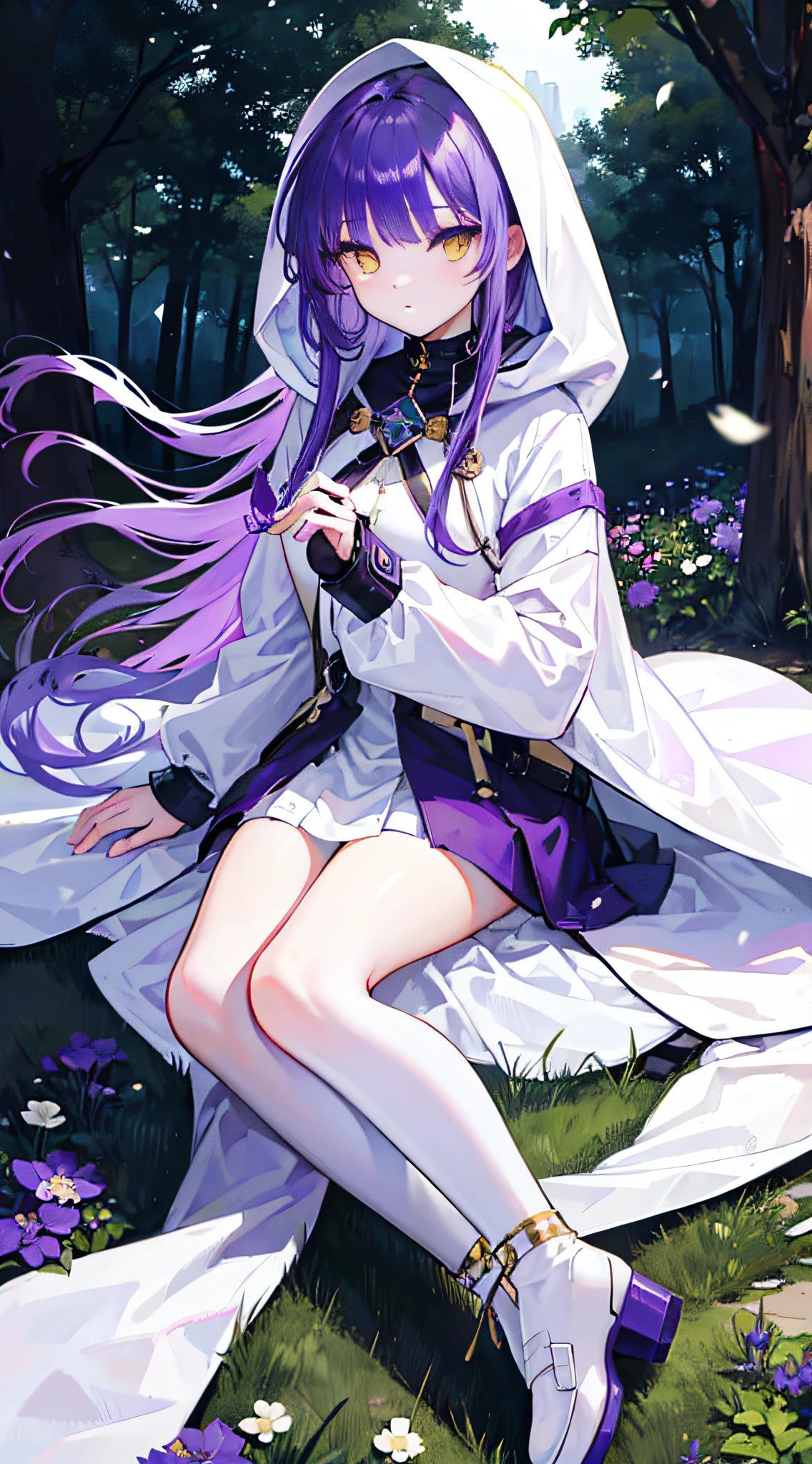 (Realistic:1.2),One girl,Purple hair, hair over shoulders, Parted bangs, Yellow eyes, Bright pupils,stare,White wool coat with hood, white ankle boots, Black stockings,Purple flowers in the background,Lush green garden,Soft sunlight,tranquil ambiance