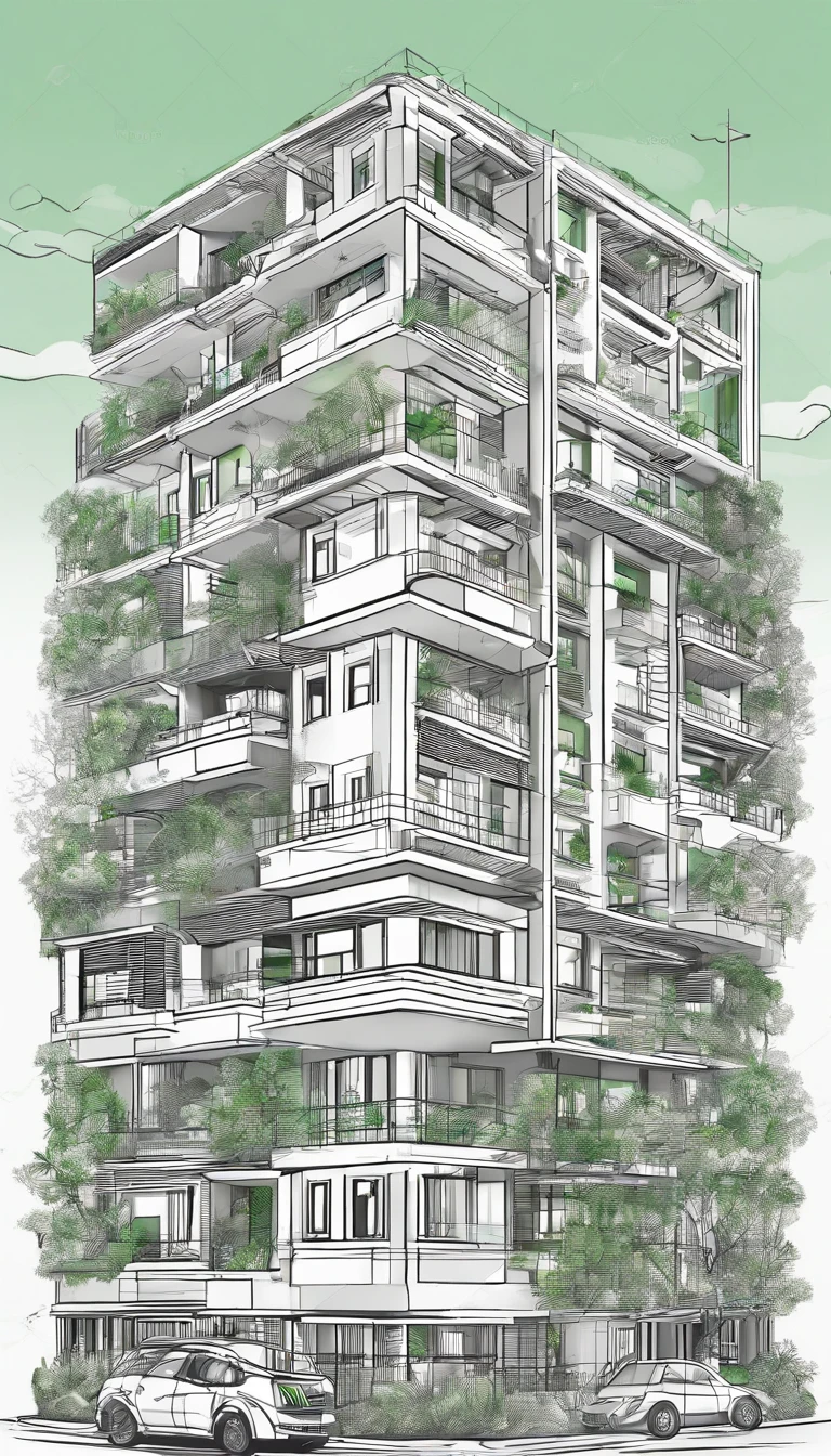 A Hostel style minimalist with 7 floors, green energy, friendly with natural, area is 11.5m width, 34m length, best quality, ultra-detailed,natural lighting, monochromatic color scheme, neutral tones, realistic:1.37, vertical gardens