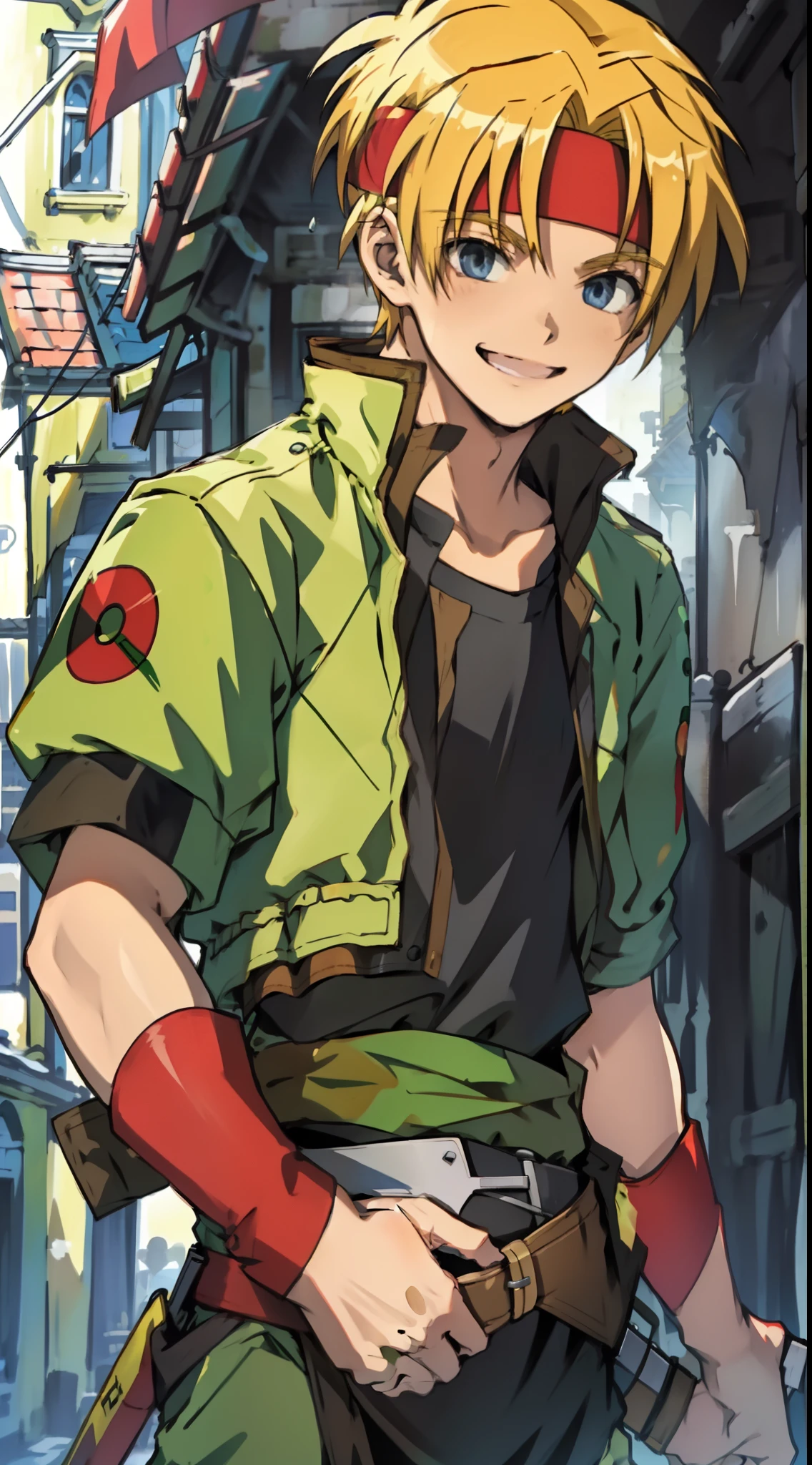 masterpiece, solo, 1boy,  ClaudeKenni blonde hair, short hair,  green jacket, black shirt,  red headband, sheathed,  in a medieval city, smile