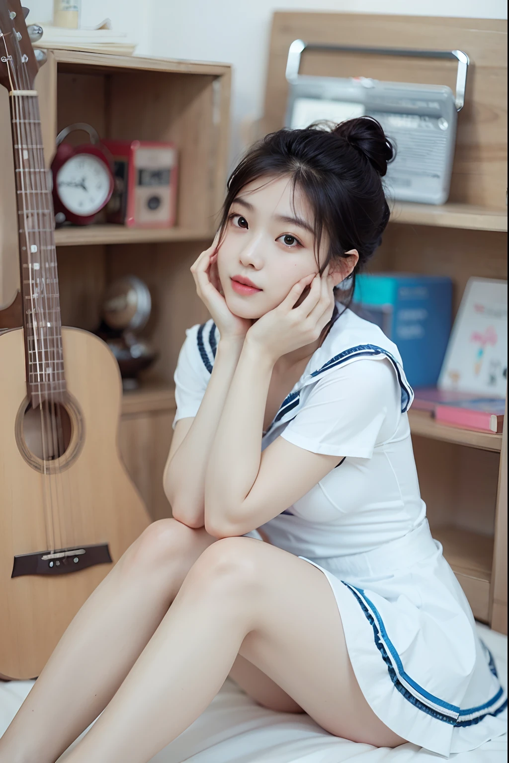 there is a woman sitting on a bed with a guitar, ruan cute vtuber, chinese girl, korean girl, young and cute girl, xintong chen, sakimichan, dang my linh, girl cute-fine-face, profile picture, a cute young woman, young asian girl, cai xukun, girl wearing uniform, Best picture quality, masterpiece, ultra high resolution, 8k, cleavage, big boobs, bust detail, hair detail, eye detail, sharp eyes, thin smile, professional lighting