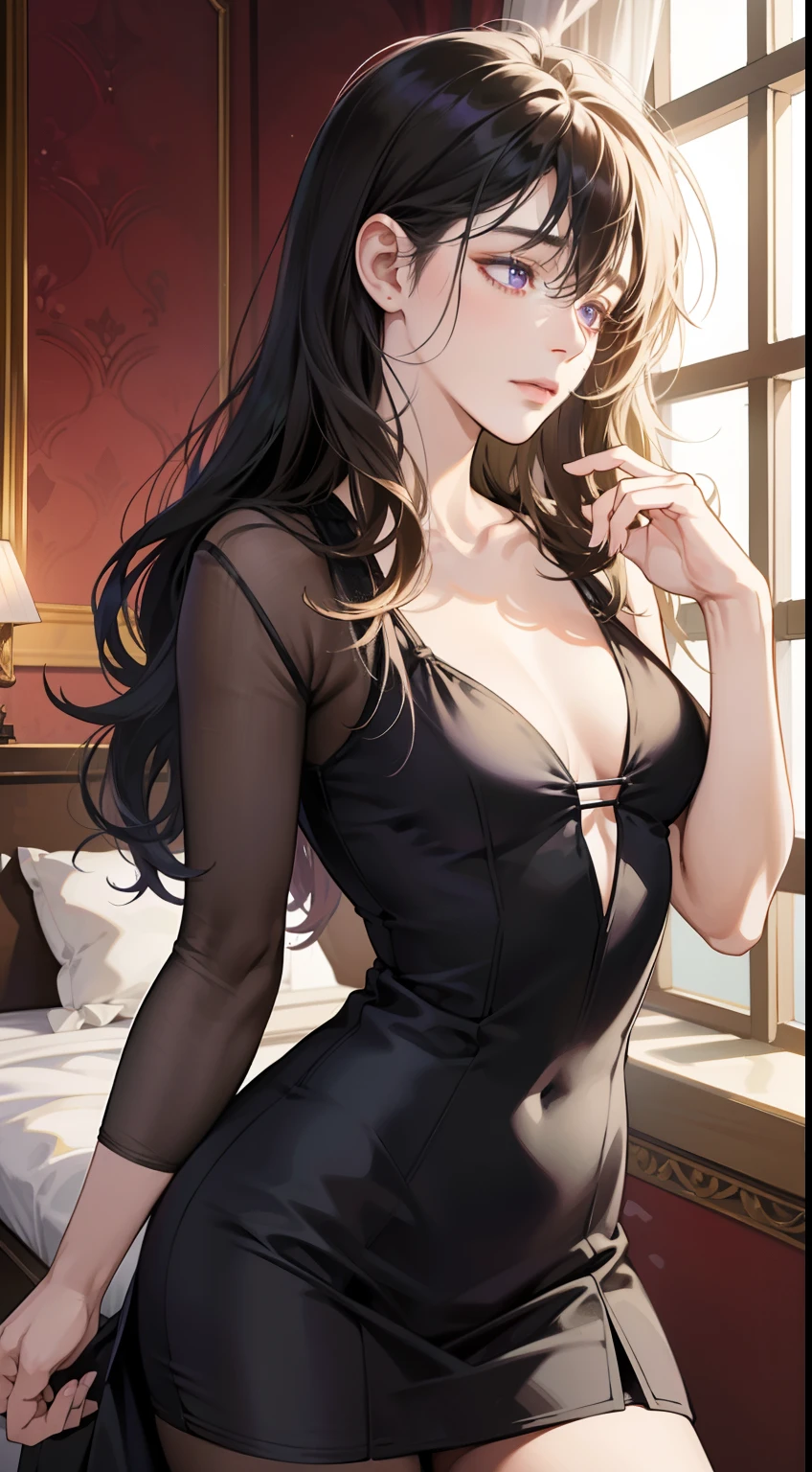 couple, 1 Girl 1 Boy, different hair color, Long black hair and purple eyes, Short blonde hair and green eyes, Romance, Illuminated suites, Silk V-neck low-cut mini dress, Europeans, Luxury room background, Handsome face, Romantic, Have sex。Extreme detail, Digital art, 8K, Ultra HD,