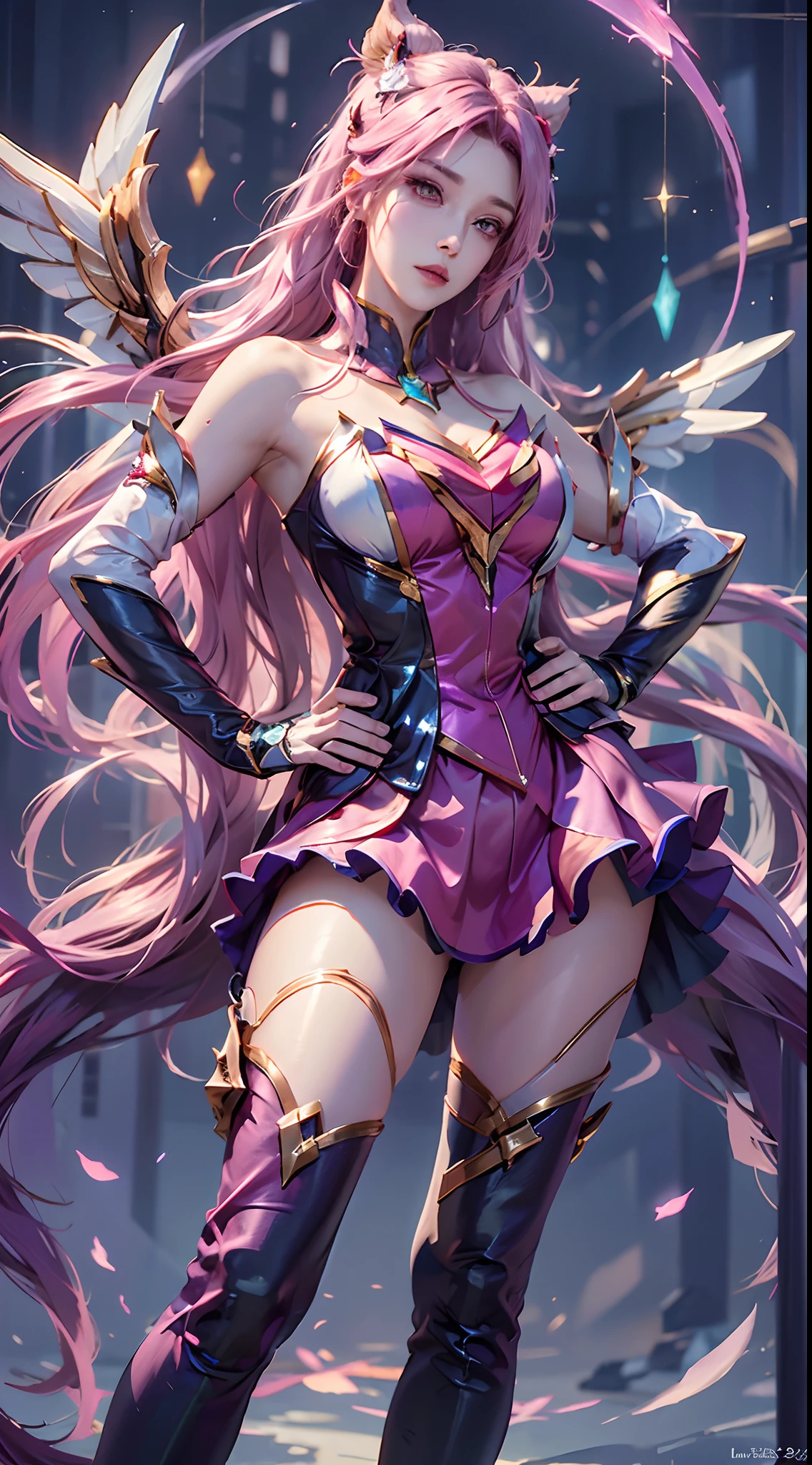 photorealistic, high resolution, 1women, mature female, solo, hips up,purple eyes, kaisasg, star guardian (league of legends), pink hair, gloves, long hair, thighhighs, skirt, elbow gloves, hand on hip, bare shoulders, solo, wings, white gloves, breasts, pink eyes, bangs, magical girl, hair ornament