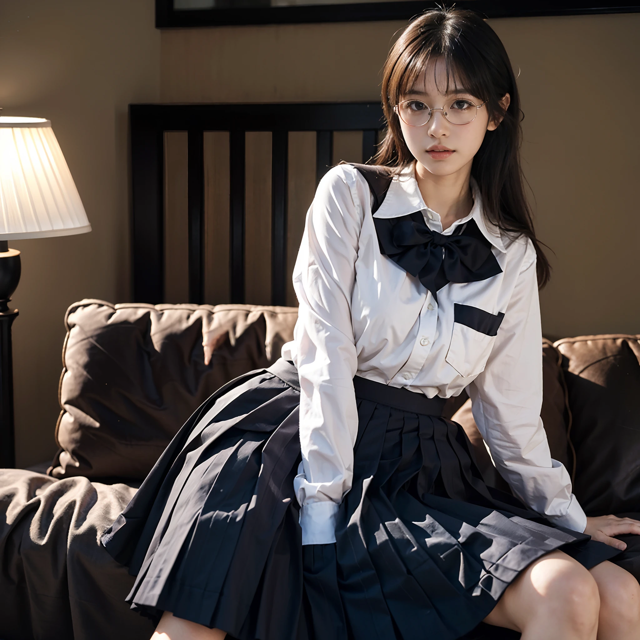 masutepiece, Best quality, japanaese girl, 8K picture quality, Very realistic picture，RAW photo, top notch quality, masutepiece, NFFSW:1.2, Particularly detailed RAW color photos, Professional-grade photos, (Realistic, Photorealistic:1.37), (highly detailedskin:1.2), Ultra-high resolution, (Lenze 50 mm), (masutepiece, top-quality:1.3), (Ultra-detailed 8k CG:1.2), (hyper realisitc:1.35), (Photorealistic:1.45), (Realistic:1.4), Cowboy shot,
（（In a dimly lit bedroom）），（1 Beautiful Japanese girl）, age 22, super model, Japanese idol, __expression__, The girl looks steady and optimistic（Medium-sized round breasts）, (Sit on the sofa or bed1：1), (school uniform:1.4), The girl looks shy and shy，（（Contour glasses））
Korean Idol、乃木坂アイドル、hposing Gravure Idol、Adults、女優（）